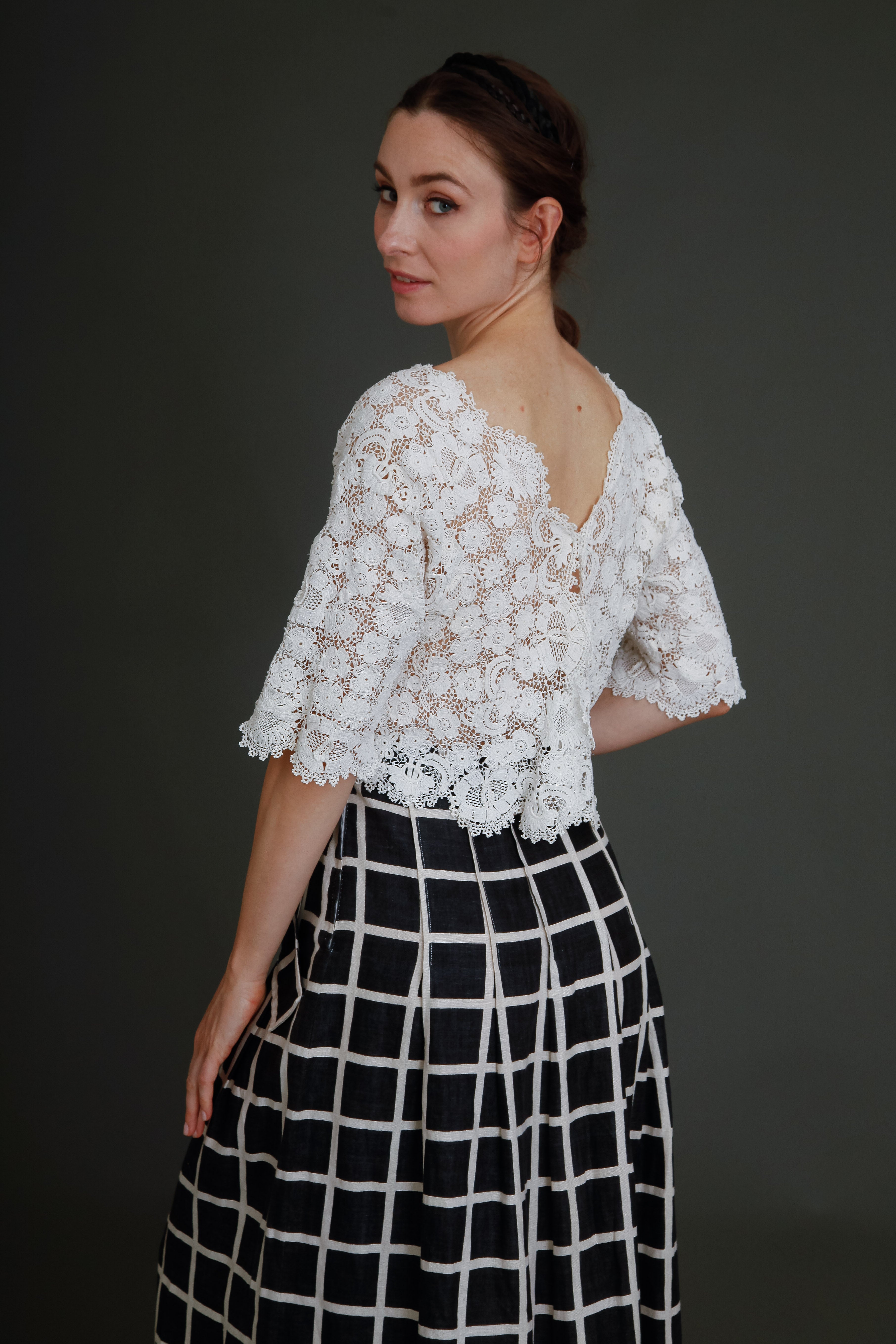 80s Linen Checked Black and White Skirt