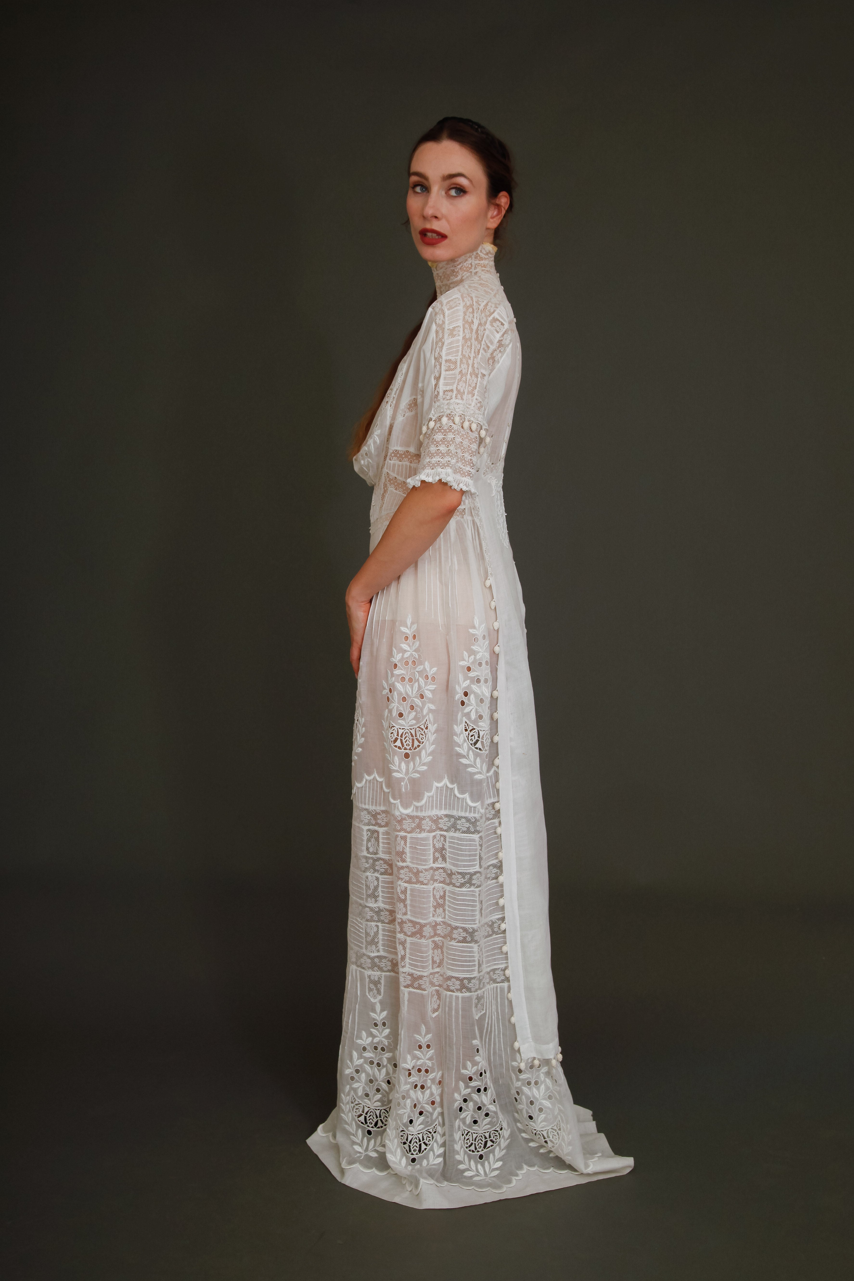 Stunning Edwardian Embroidered White Cotton Muslin Dress