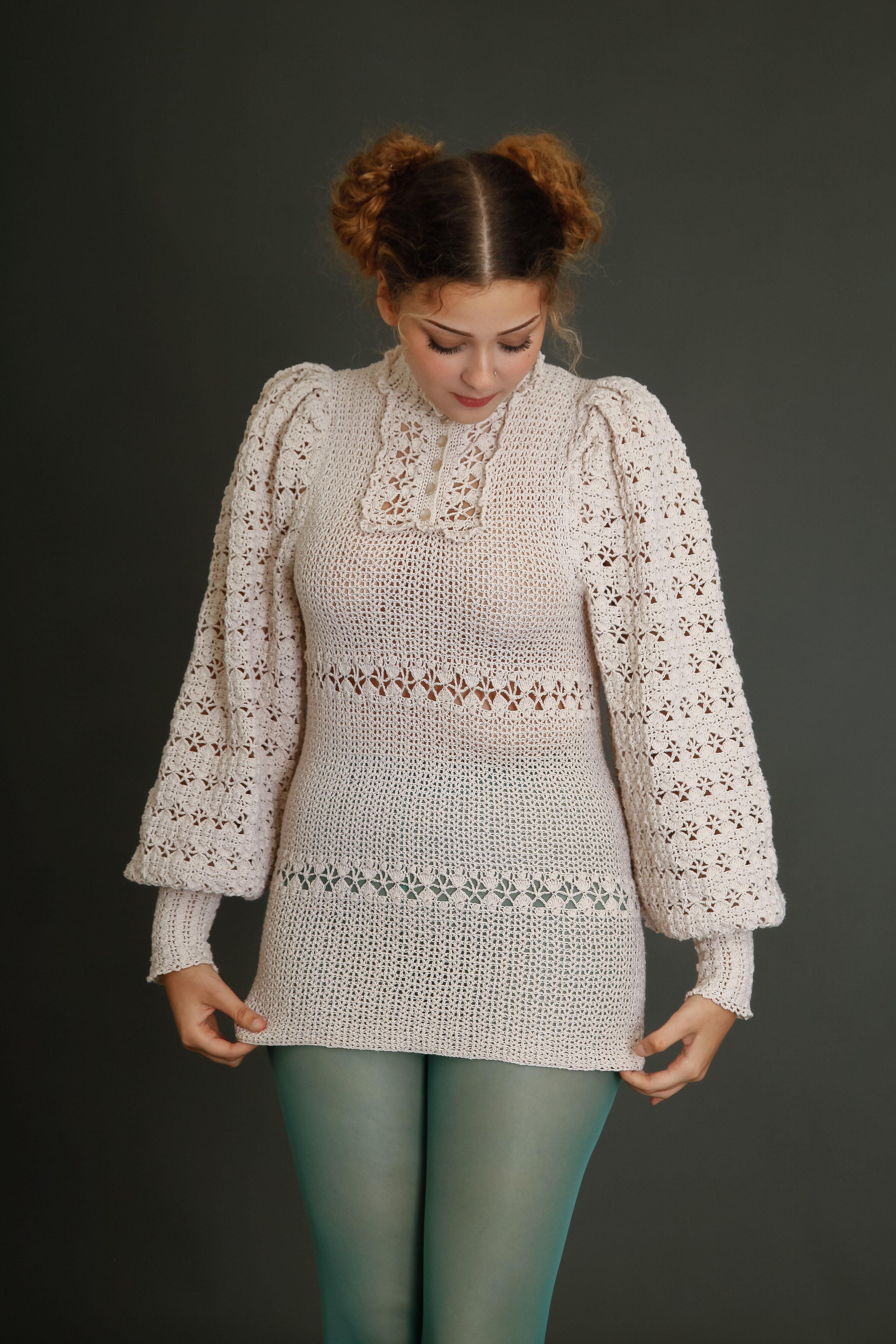 1970 Crochet Victorian Style Blouse or Mini Dress