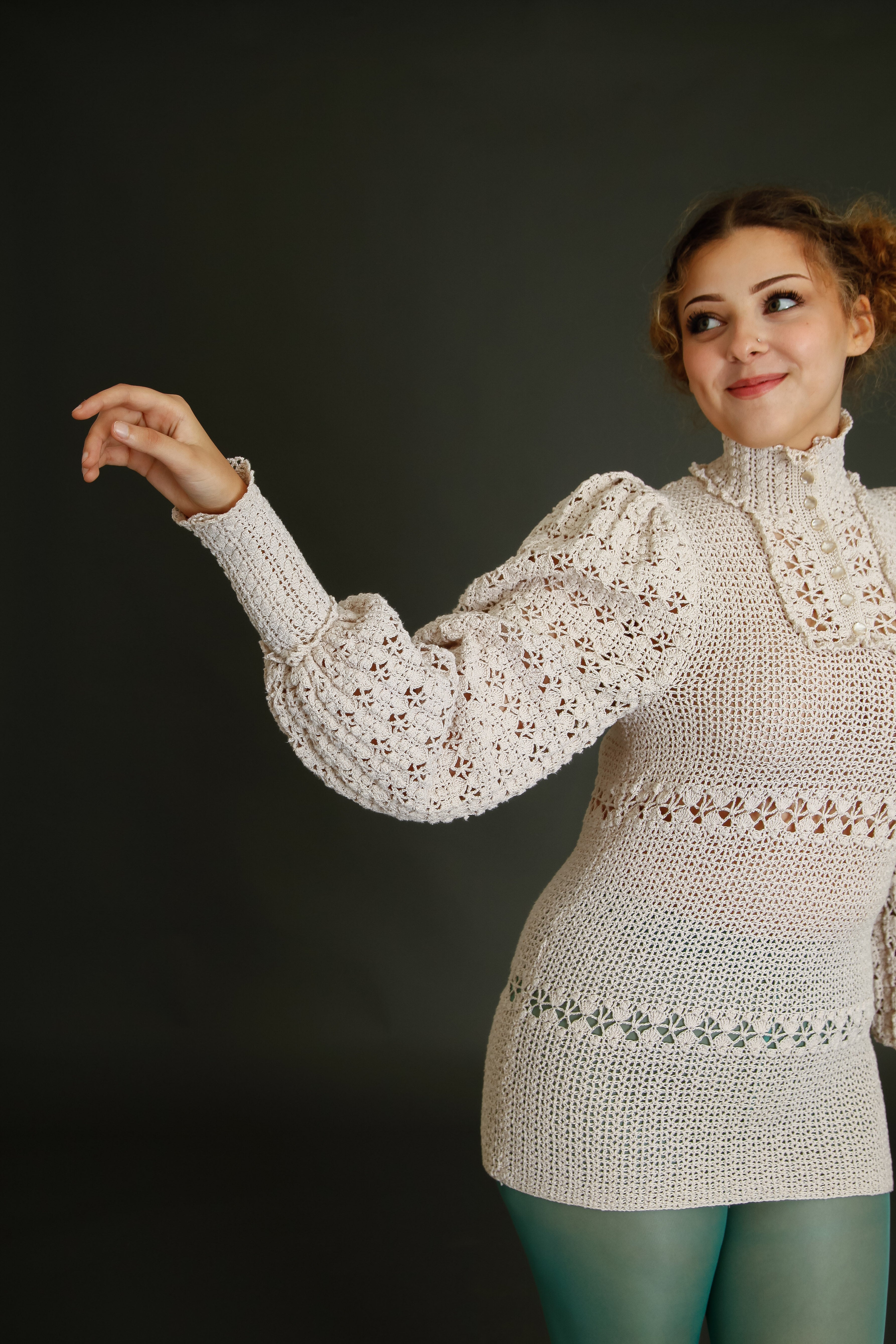 1970 Crochet Victorian Style Blouse or Mini Dress