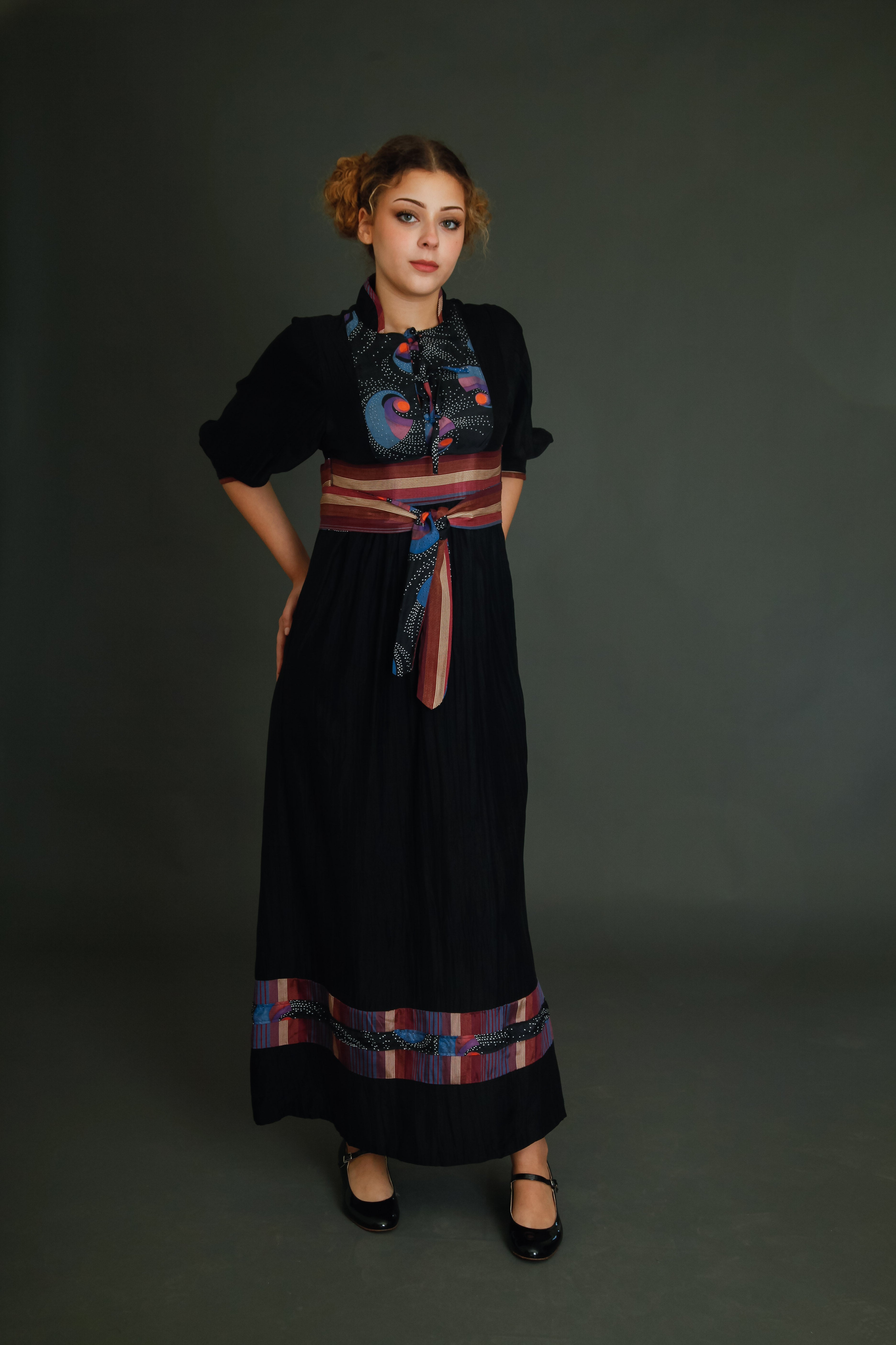 1970 Black Boho Dress with Details