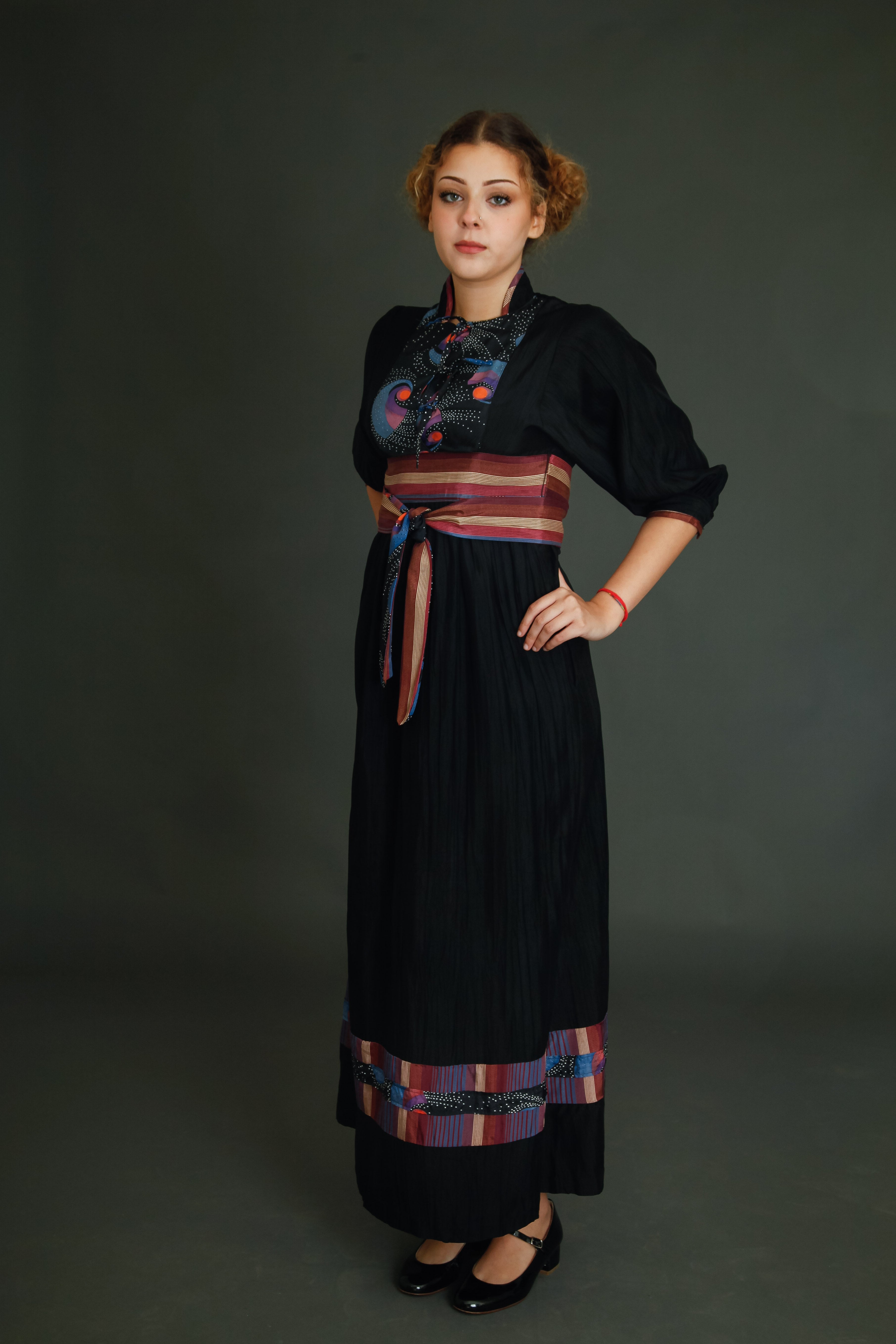 1970 Black Boho Dress with Details