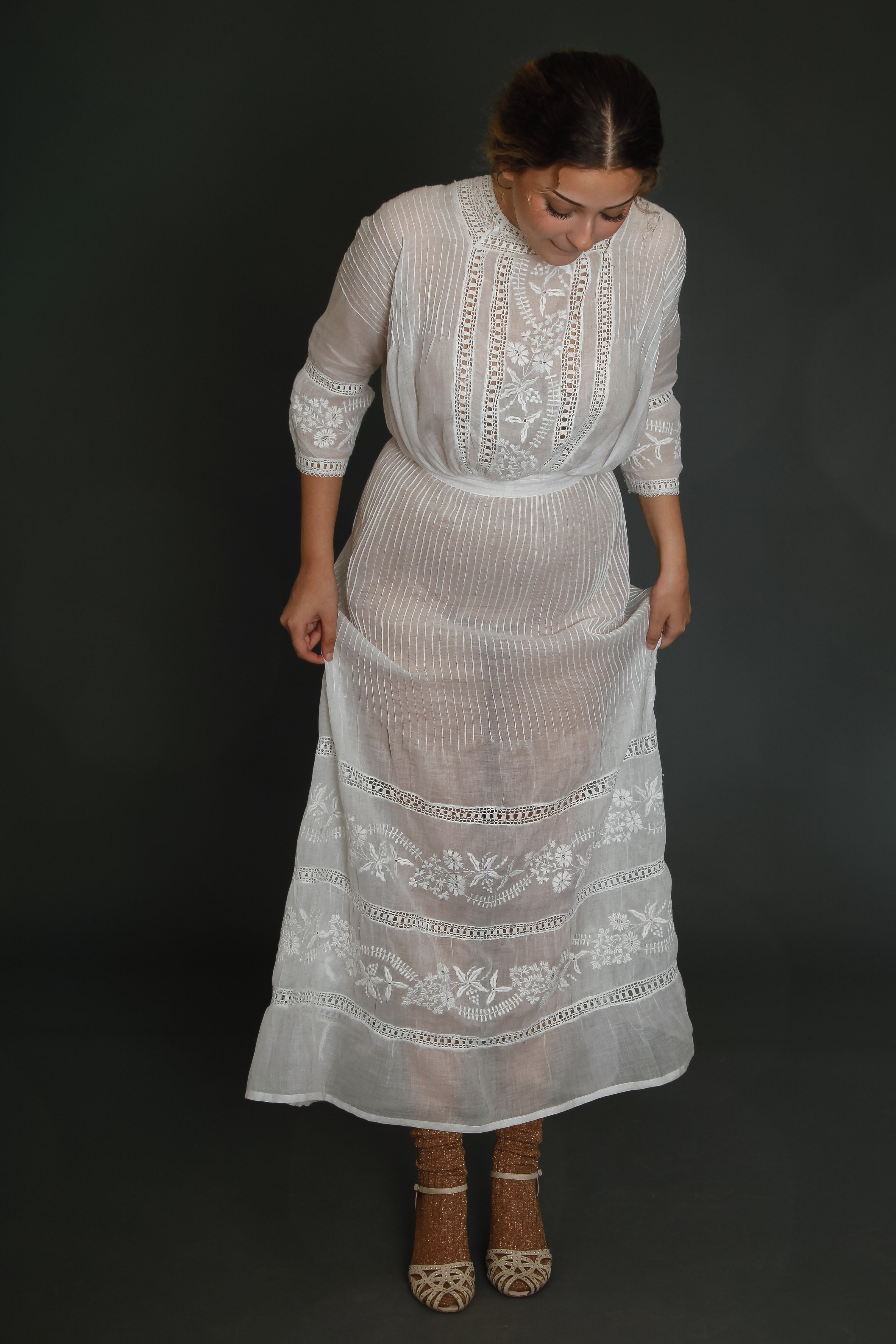 1910 Edwardian Long Lawn Dress with Floral Embroidery