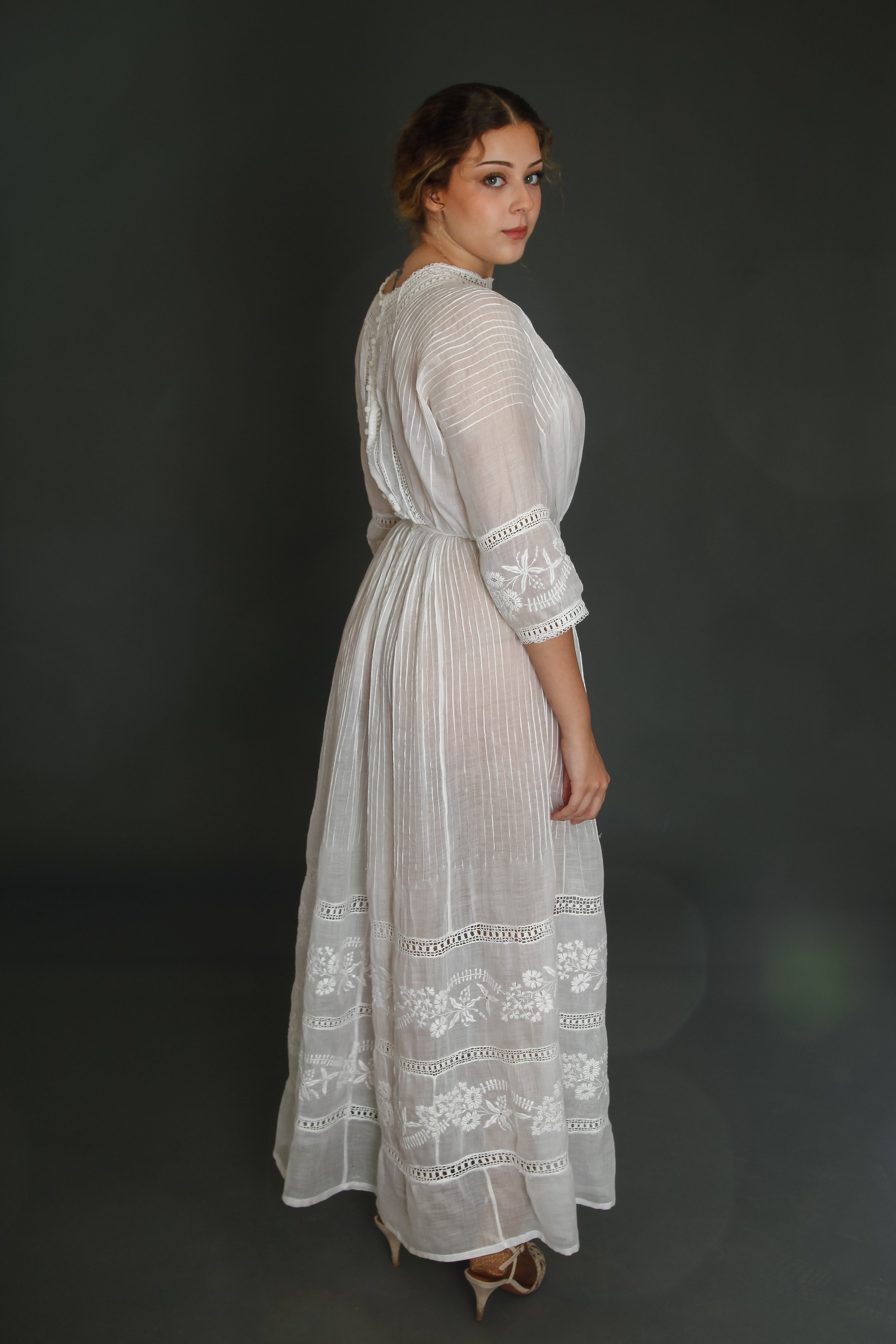 1910 Edwardian Long Lawn Dress with Floral Embroidery