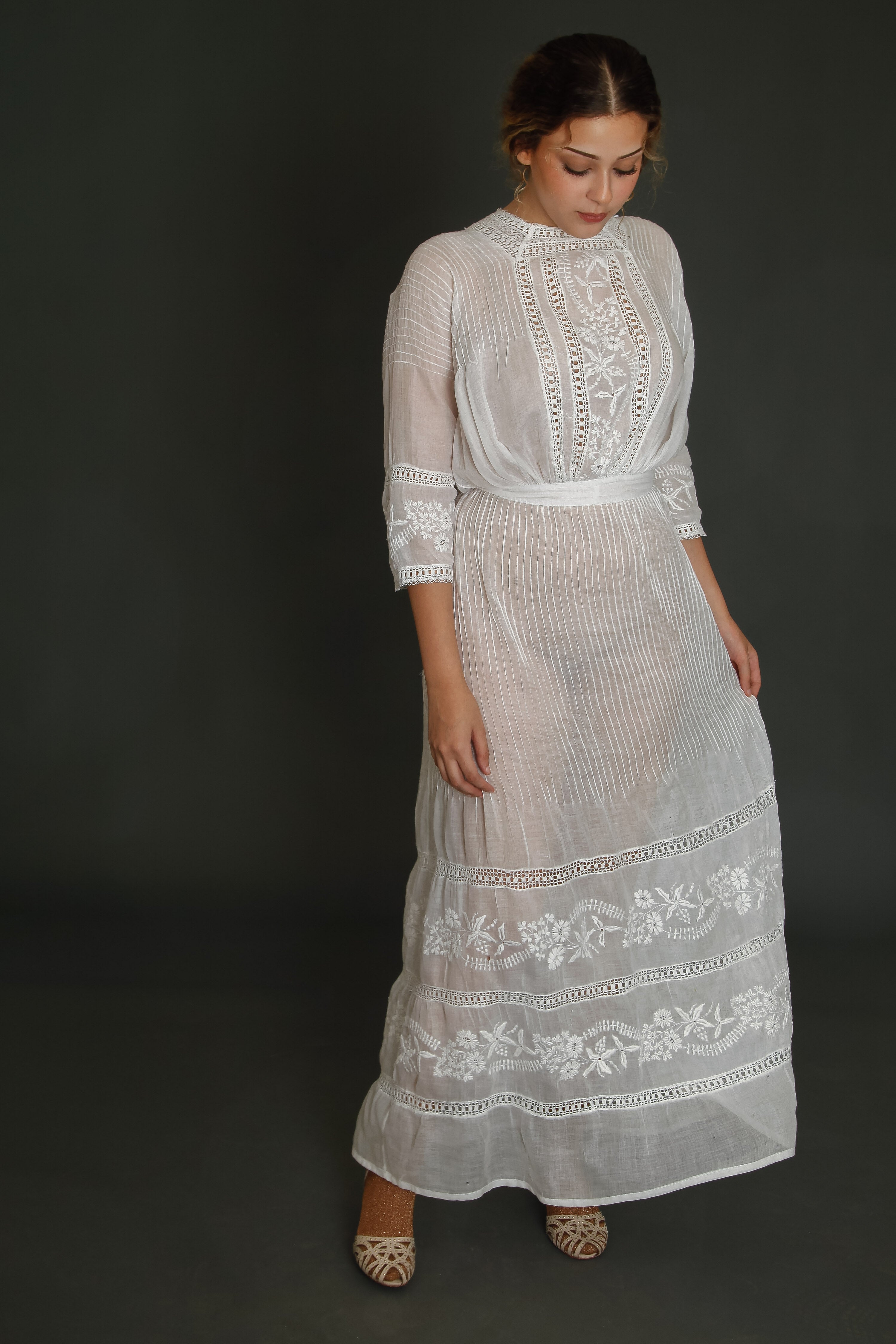 1910 Edwardian Long Lawn Dress with Floral Embroidery