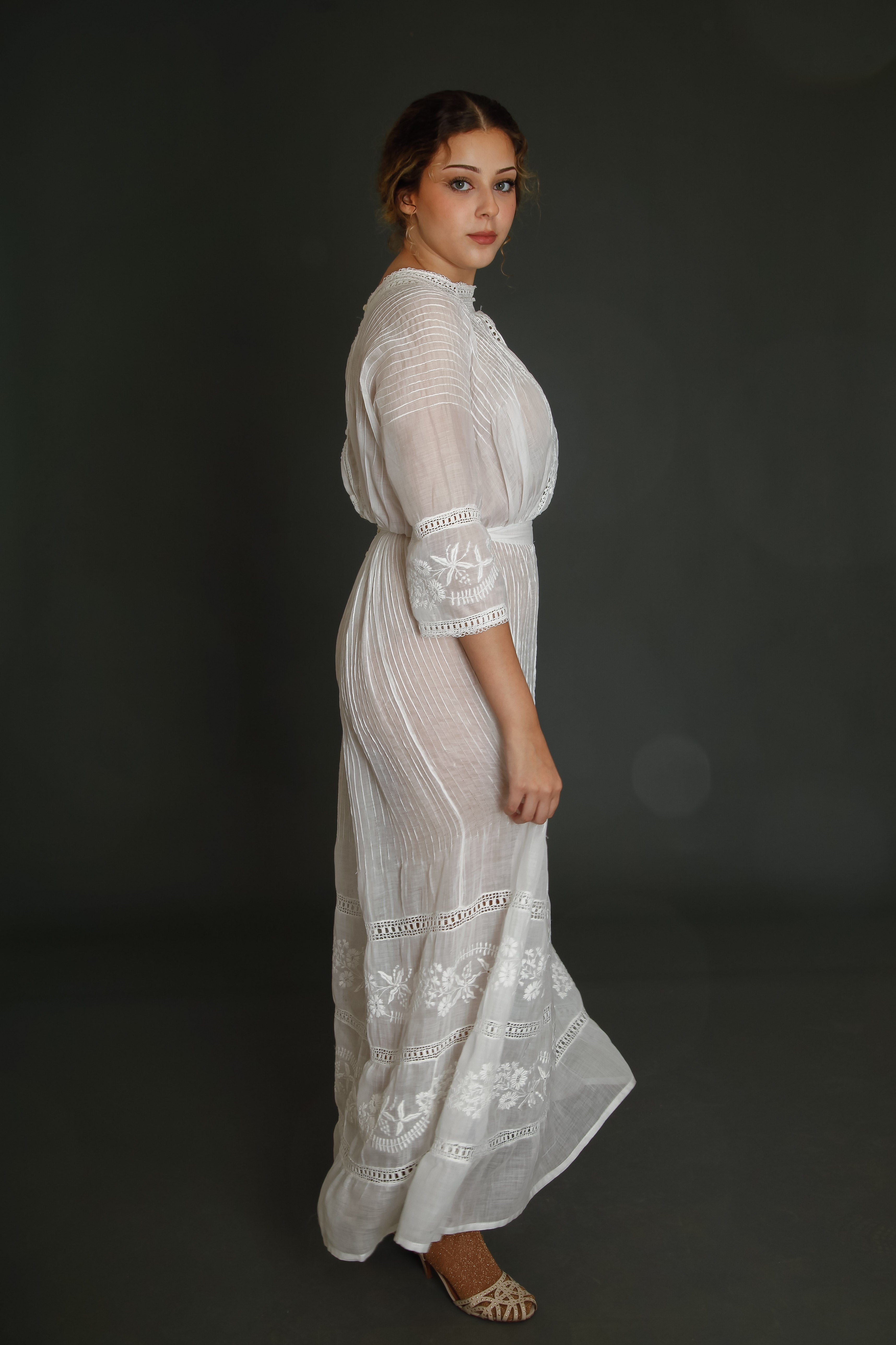 1910 Edwardian Long Lawn Dress with Floral Embroidery