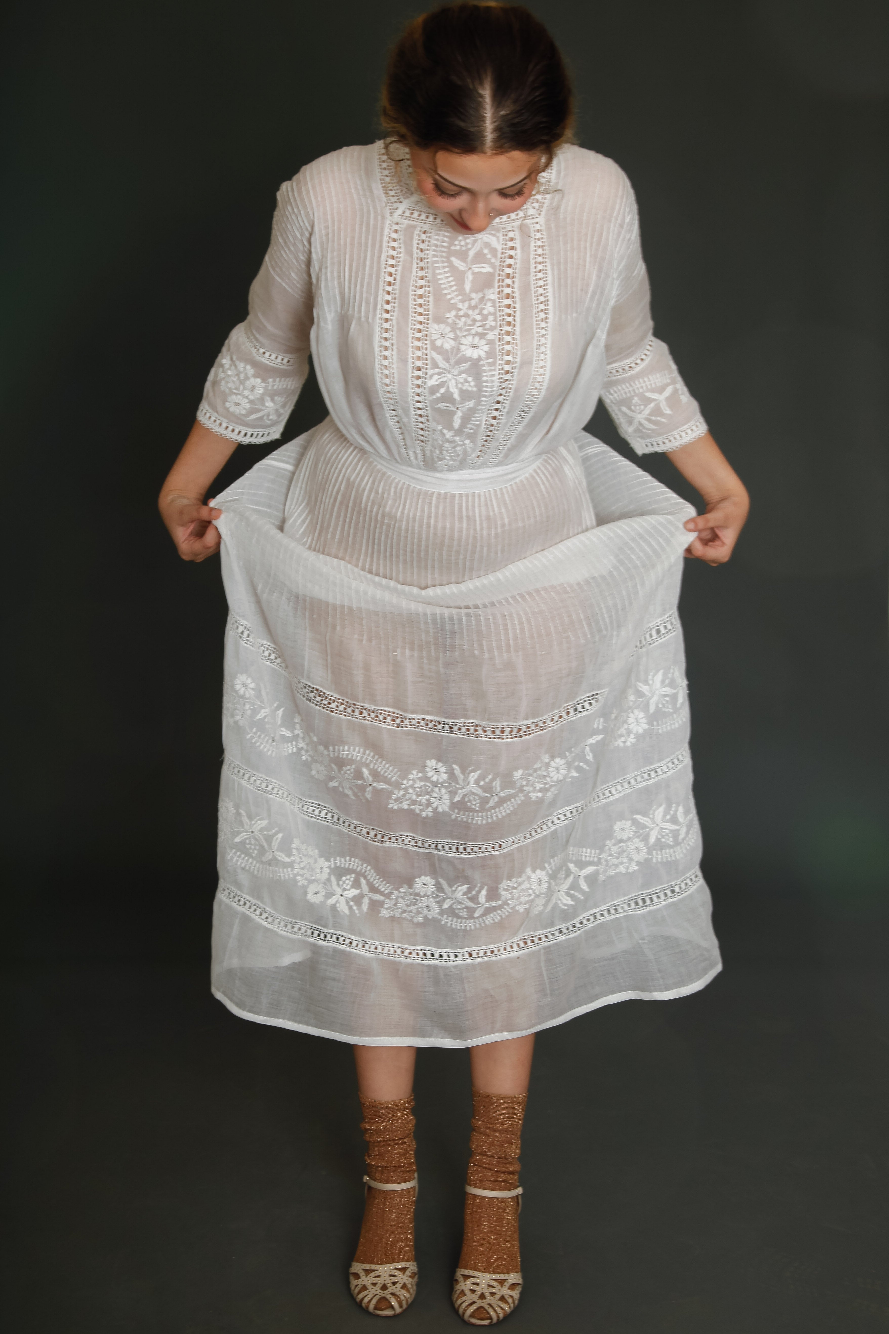 1910 Edwardian Long Lawn Dress with Floral Embroidery