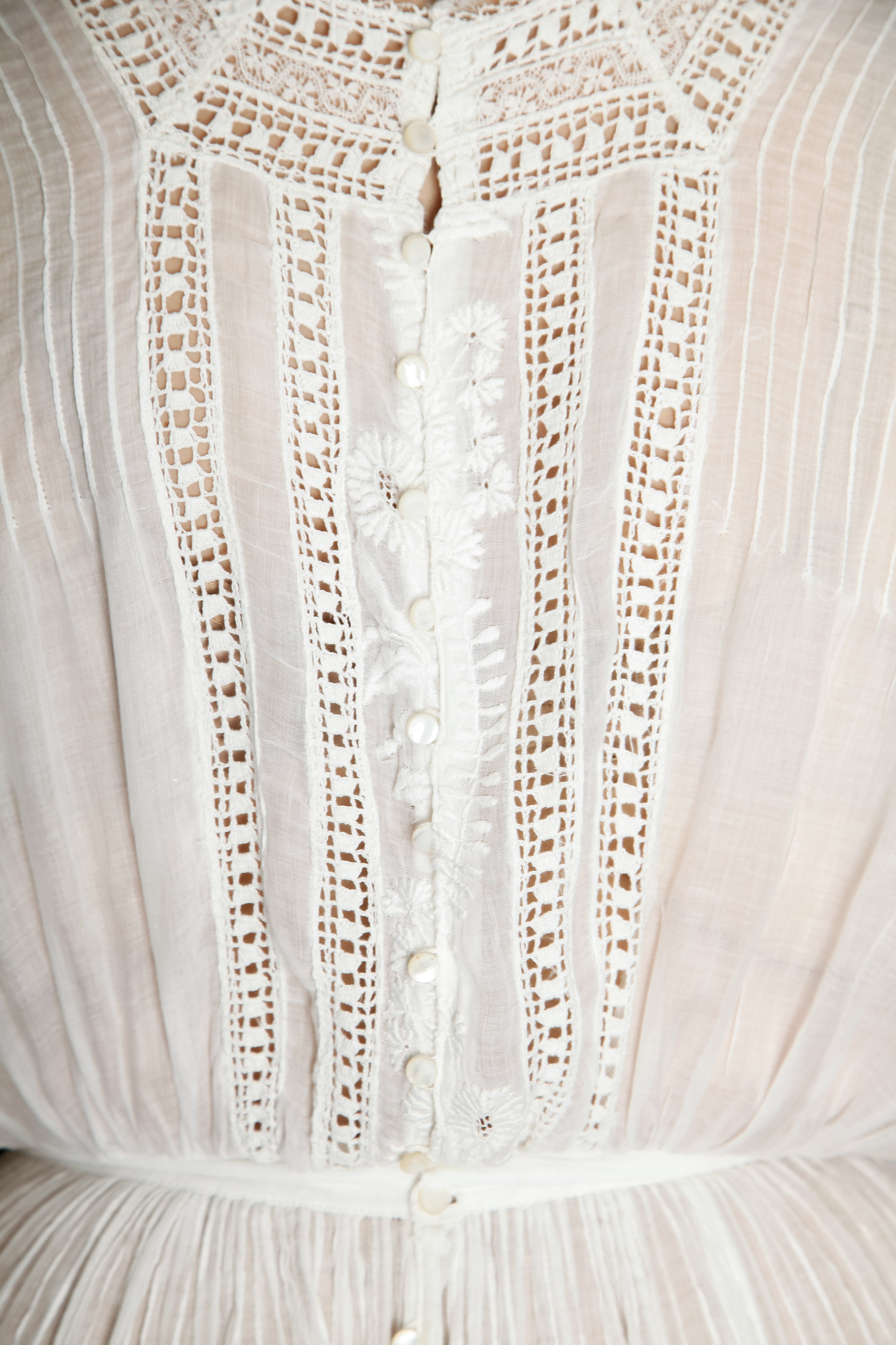 1910 Edwardian Long Lawn Dress with Floral Embroidery