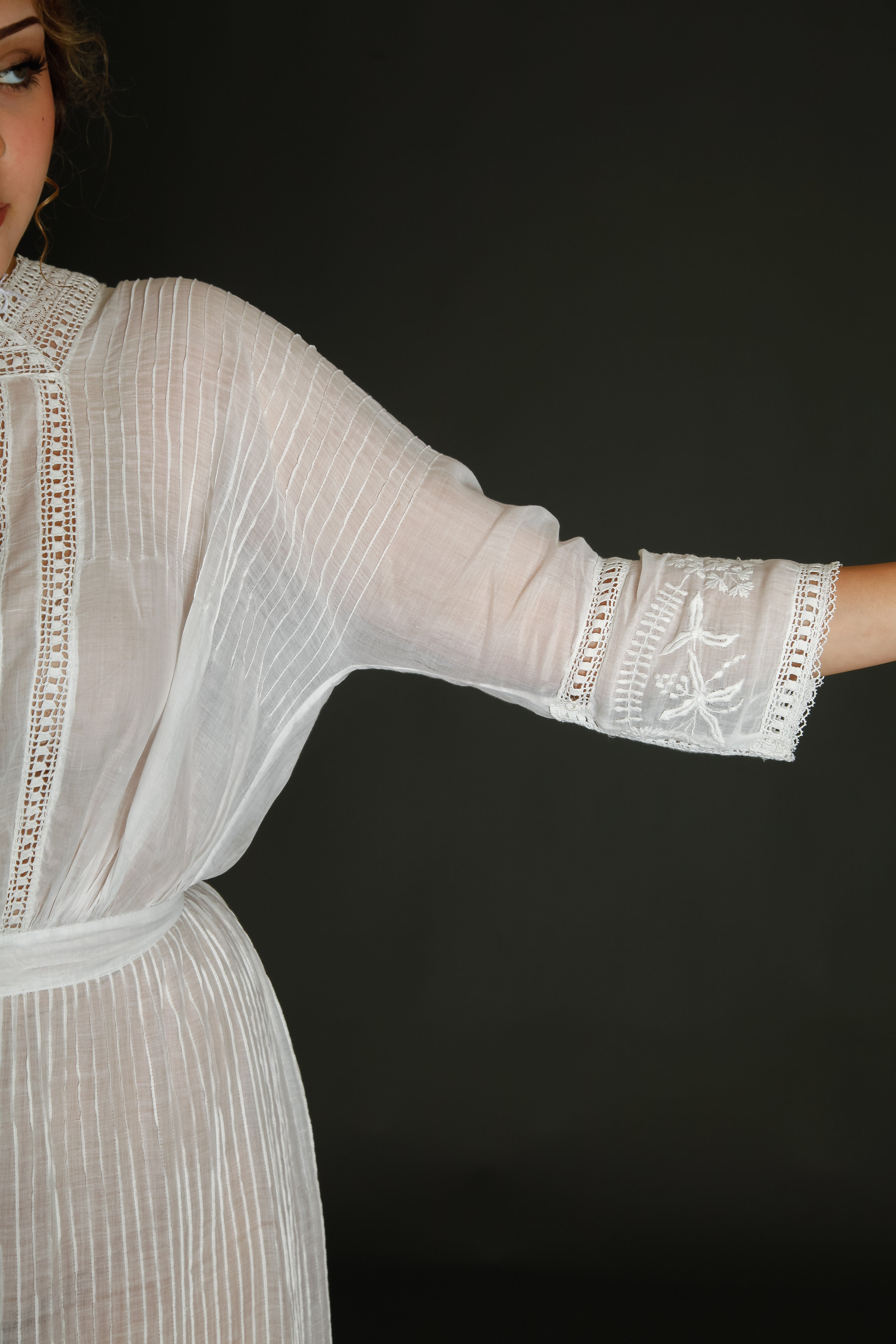 1910 Edwardian Long Lawn Dress with Floral Embroidery