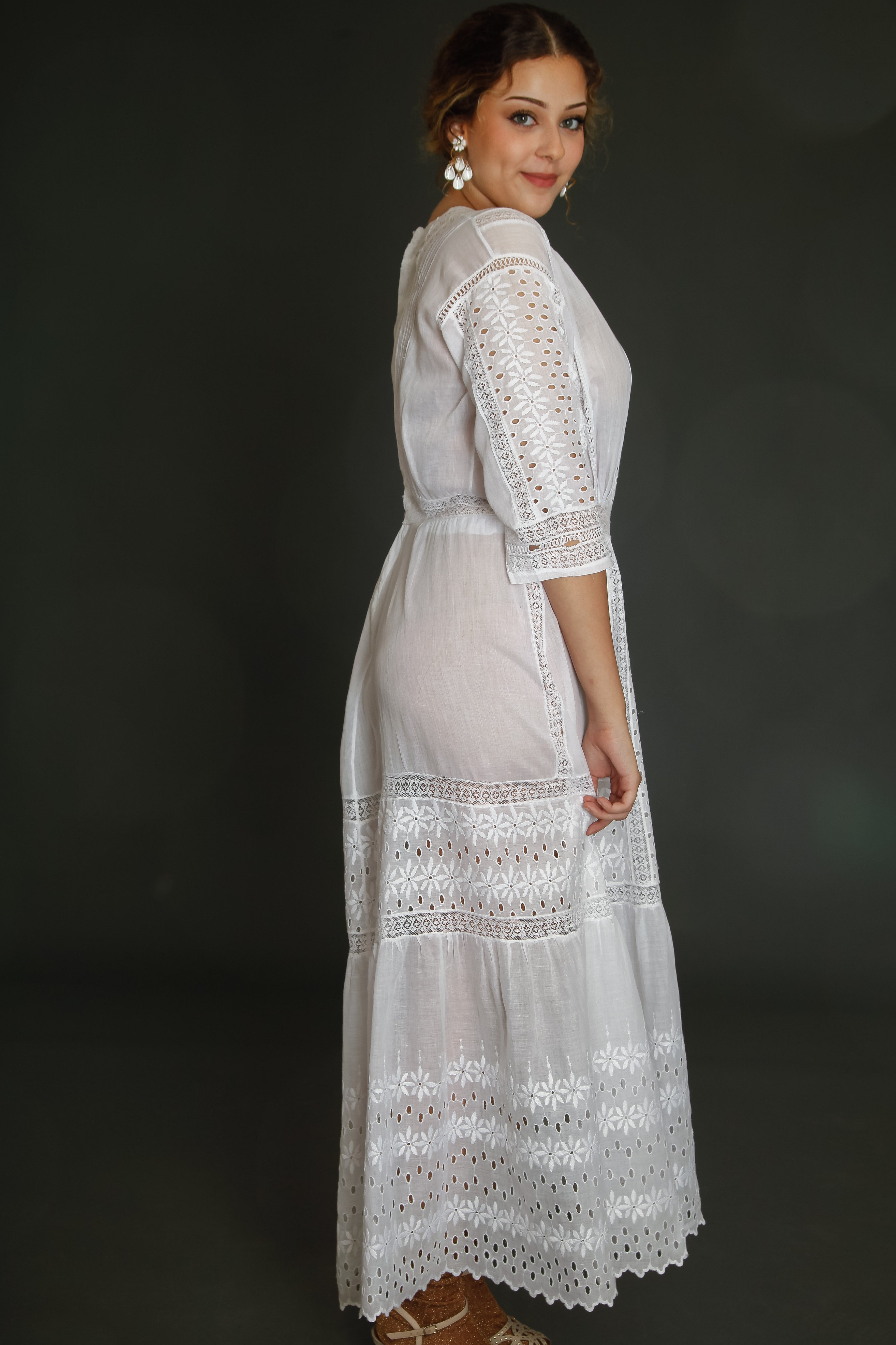 Edwardian Floral Embroidered Dress with Cutout Details