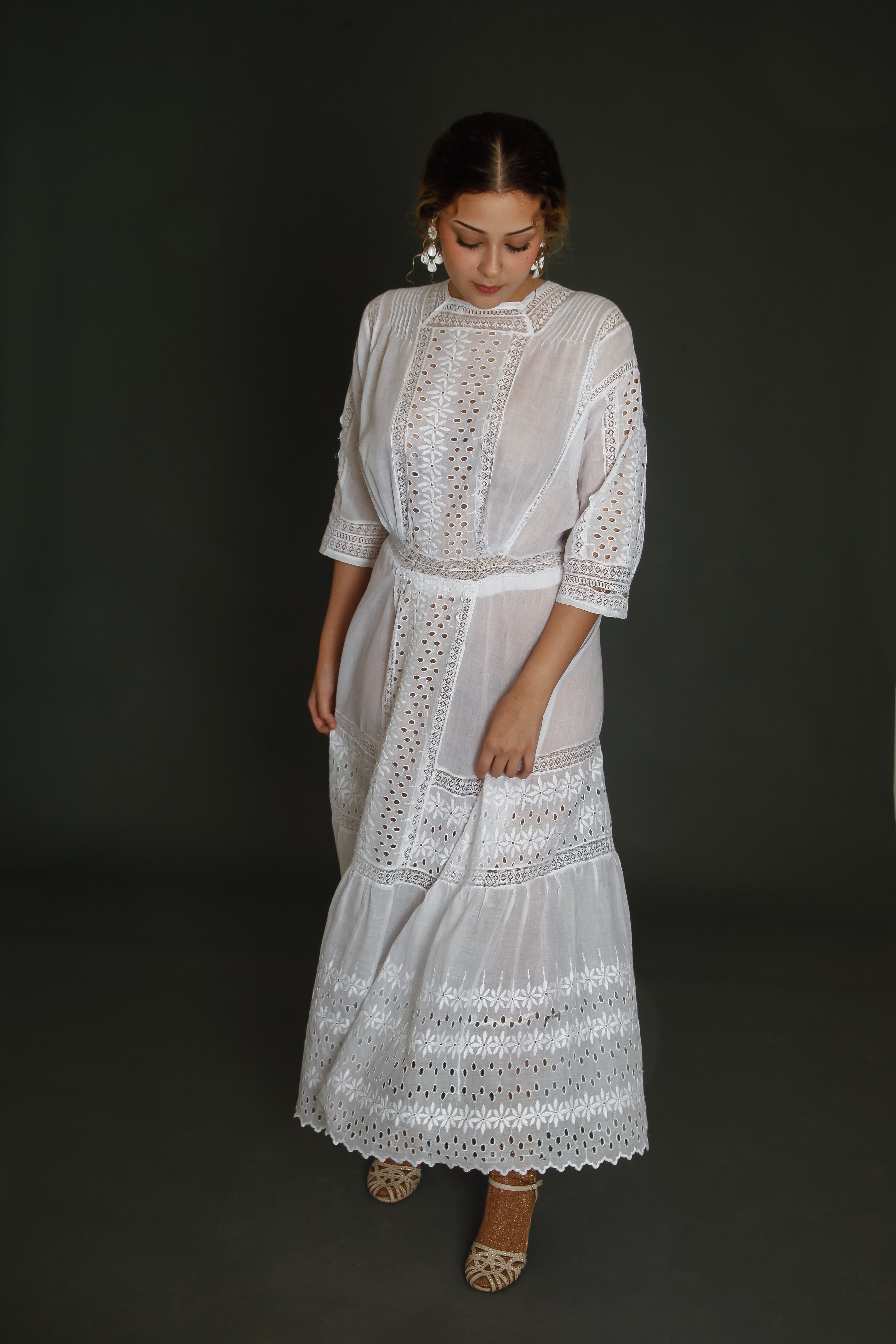 Edwardian Floral Embroidered Dress with Cutout Details