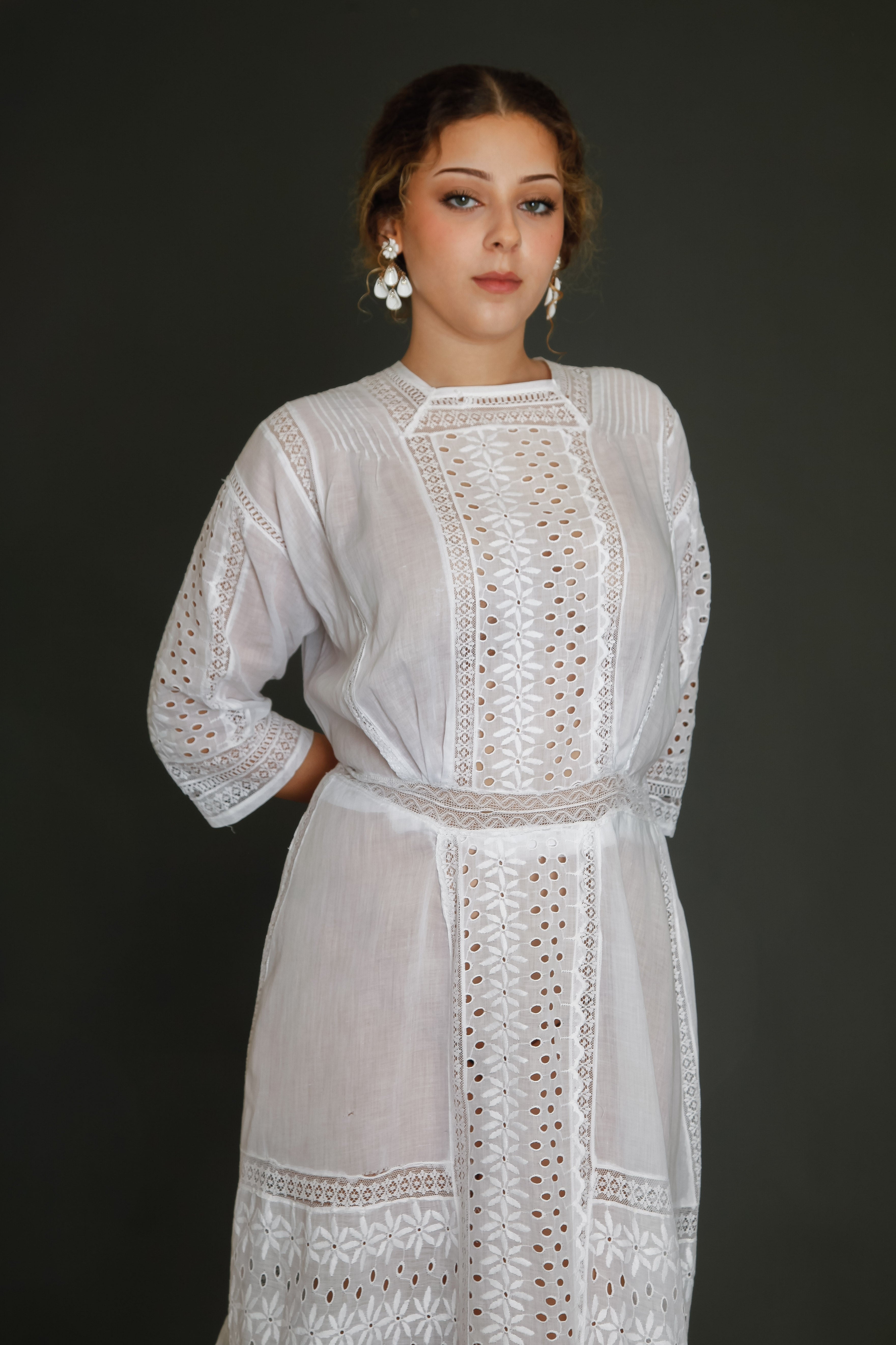 Edwardian Floral Embroidered Dress with Cutout Details