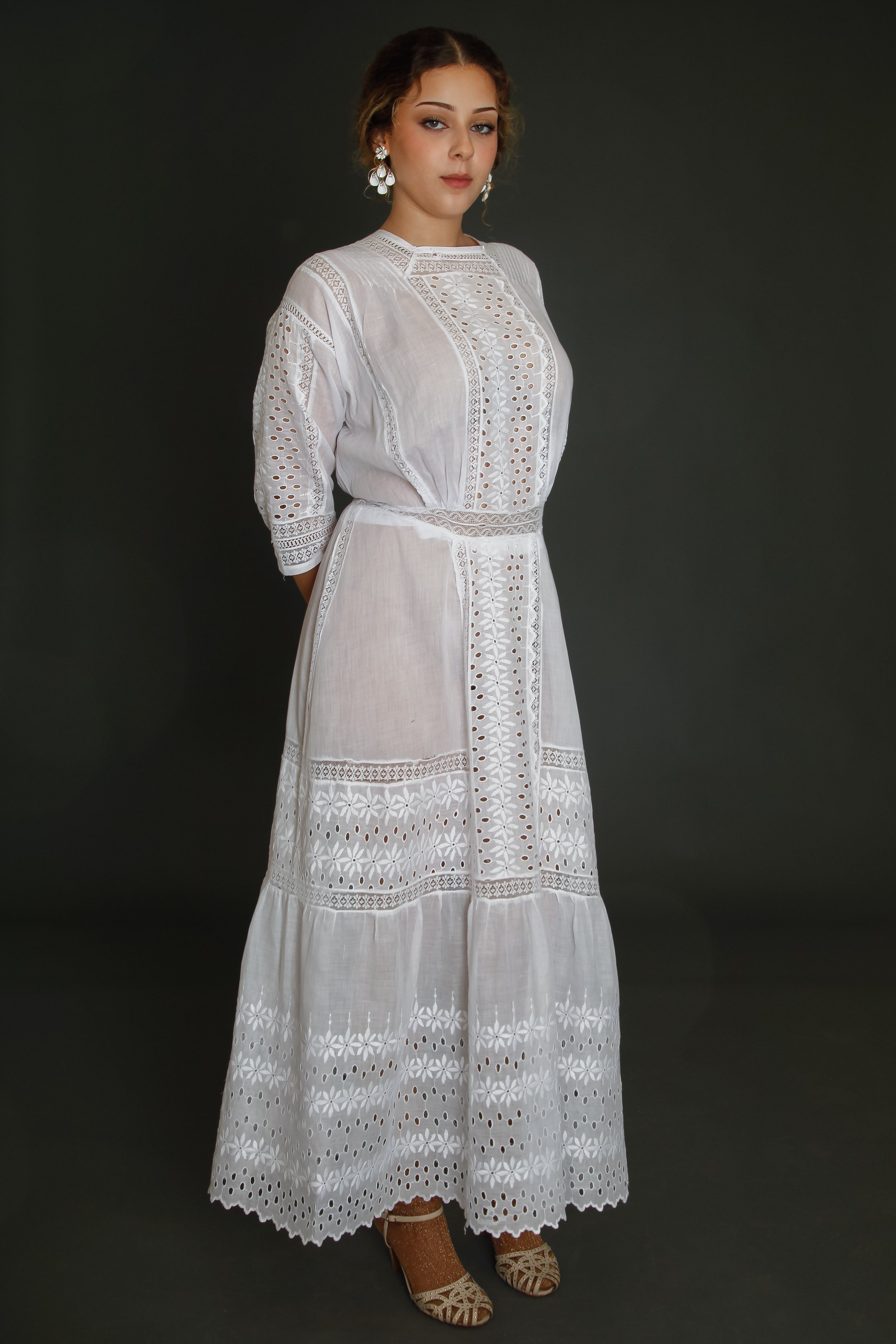Edwardian Floral Embroidered Dress with Cutout Details
