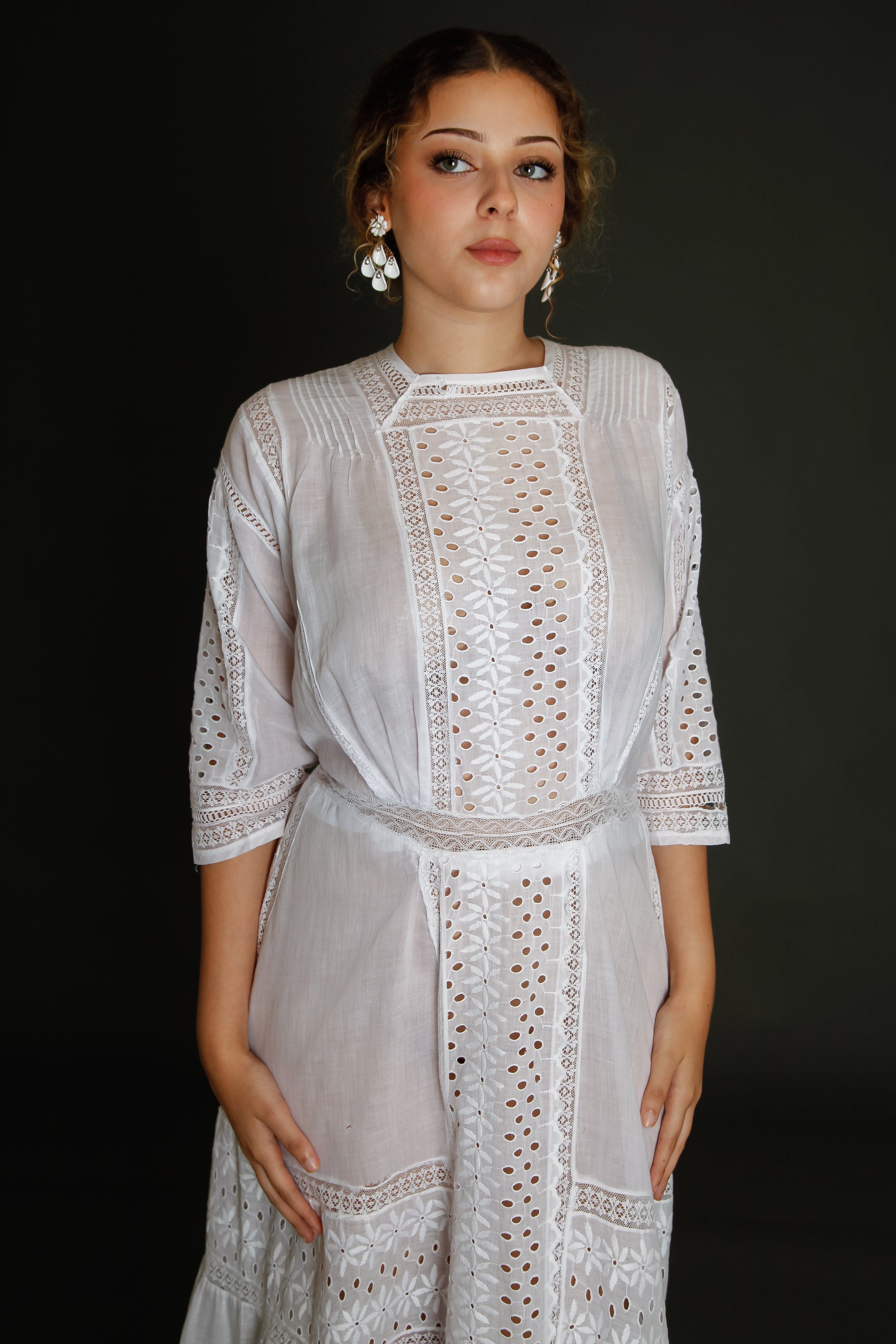Edwardian Floral Embroidered Dress with Cutout Details