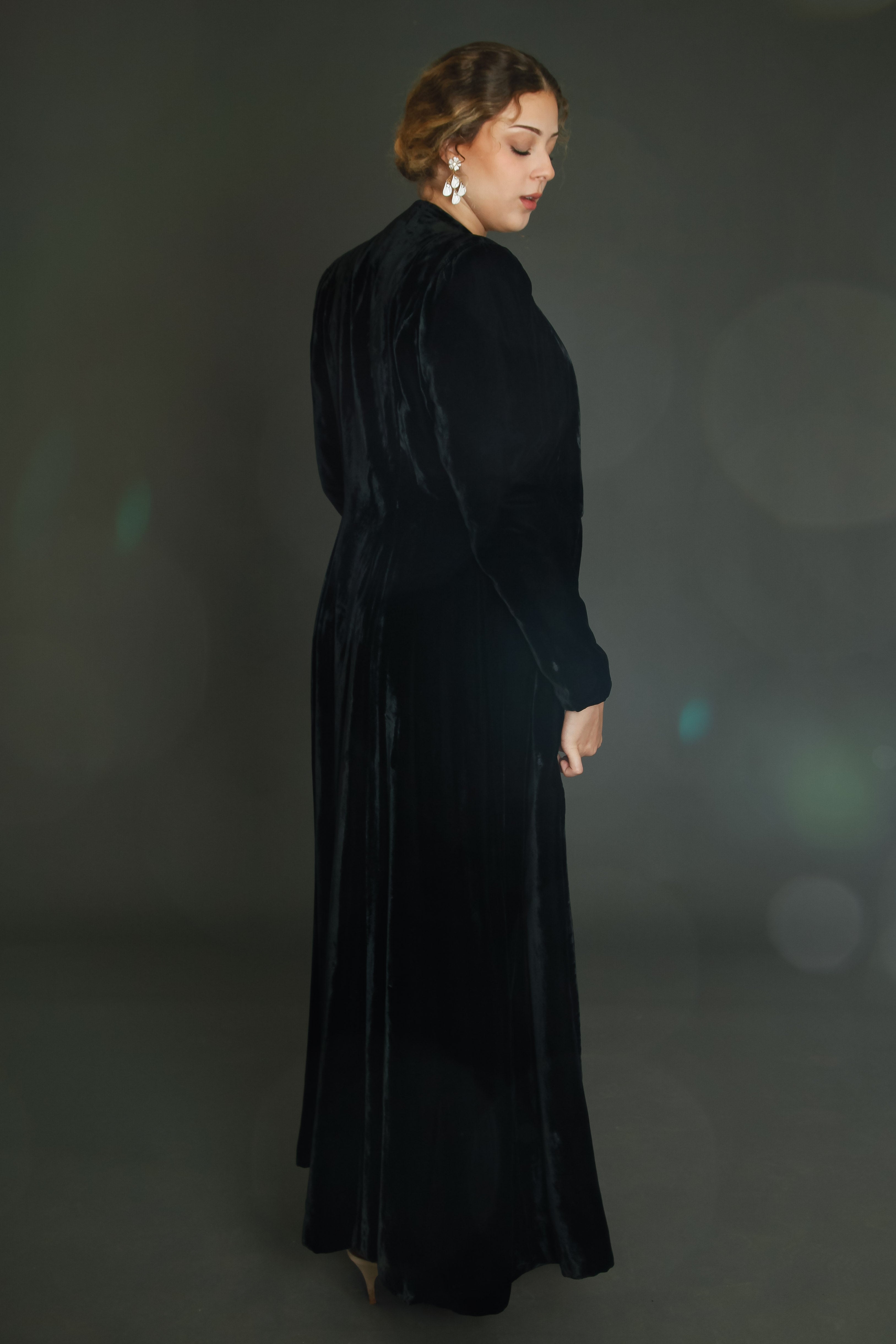 1940 Black Silk Velvet Long Evening Coat