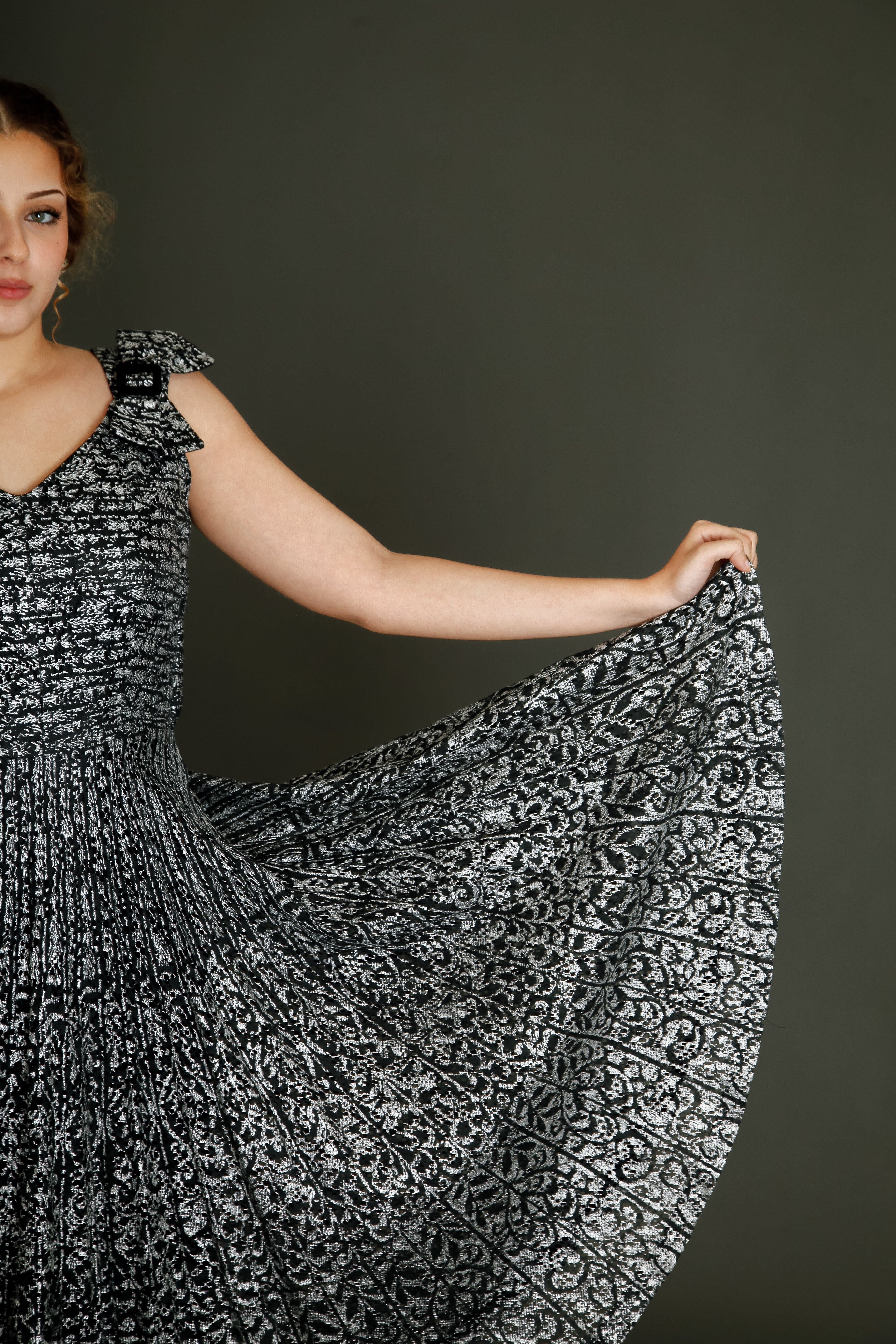 1950 Black Lace Cocktail Dress with Silver Print