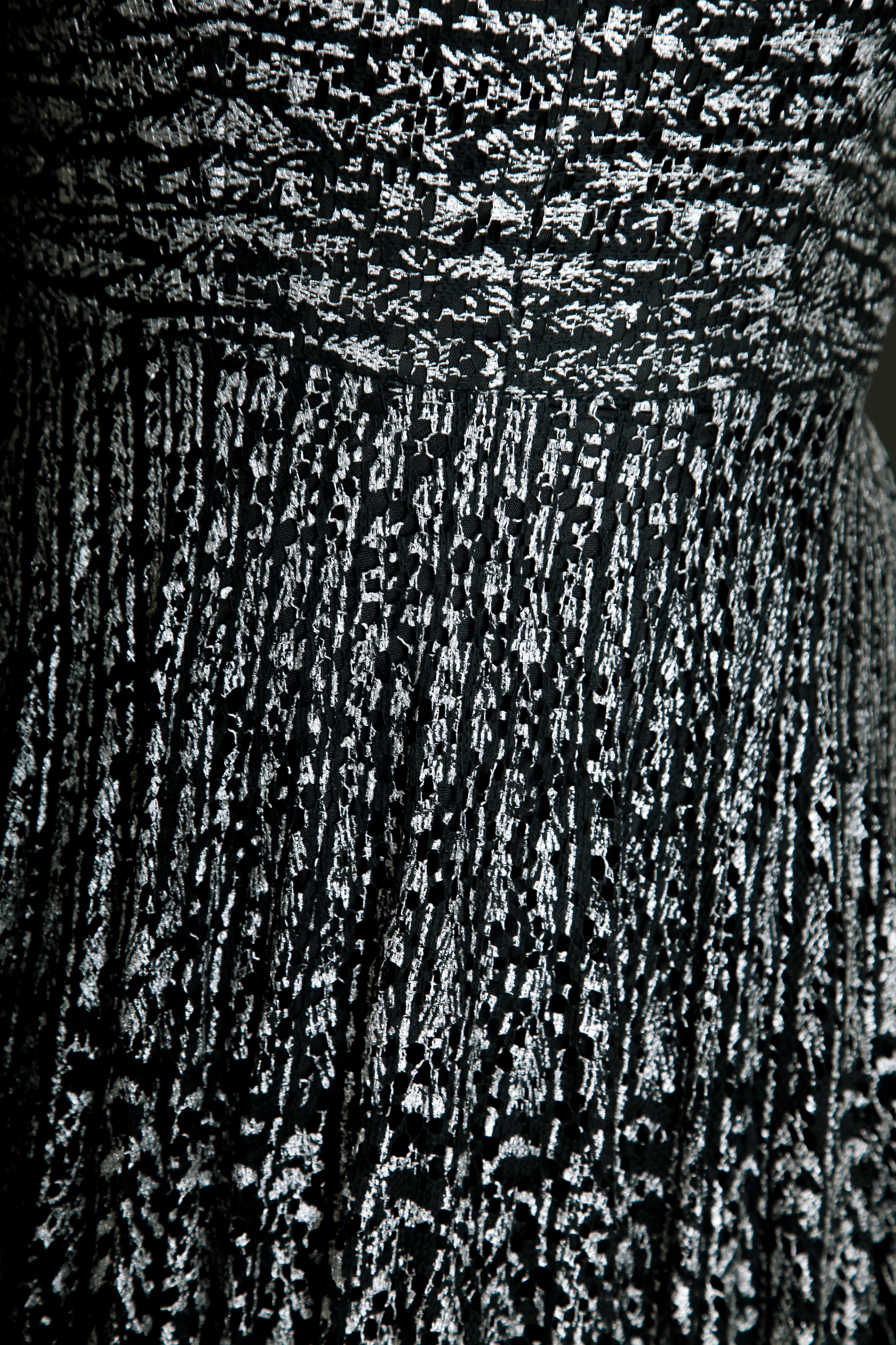 1950 Black Lace Cocktail Dress with Silver Print