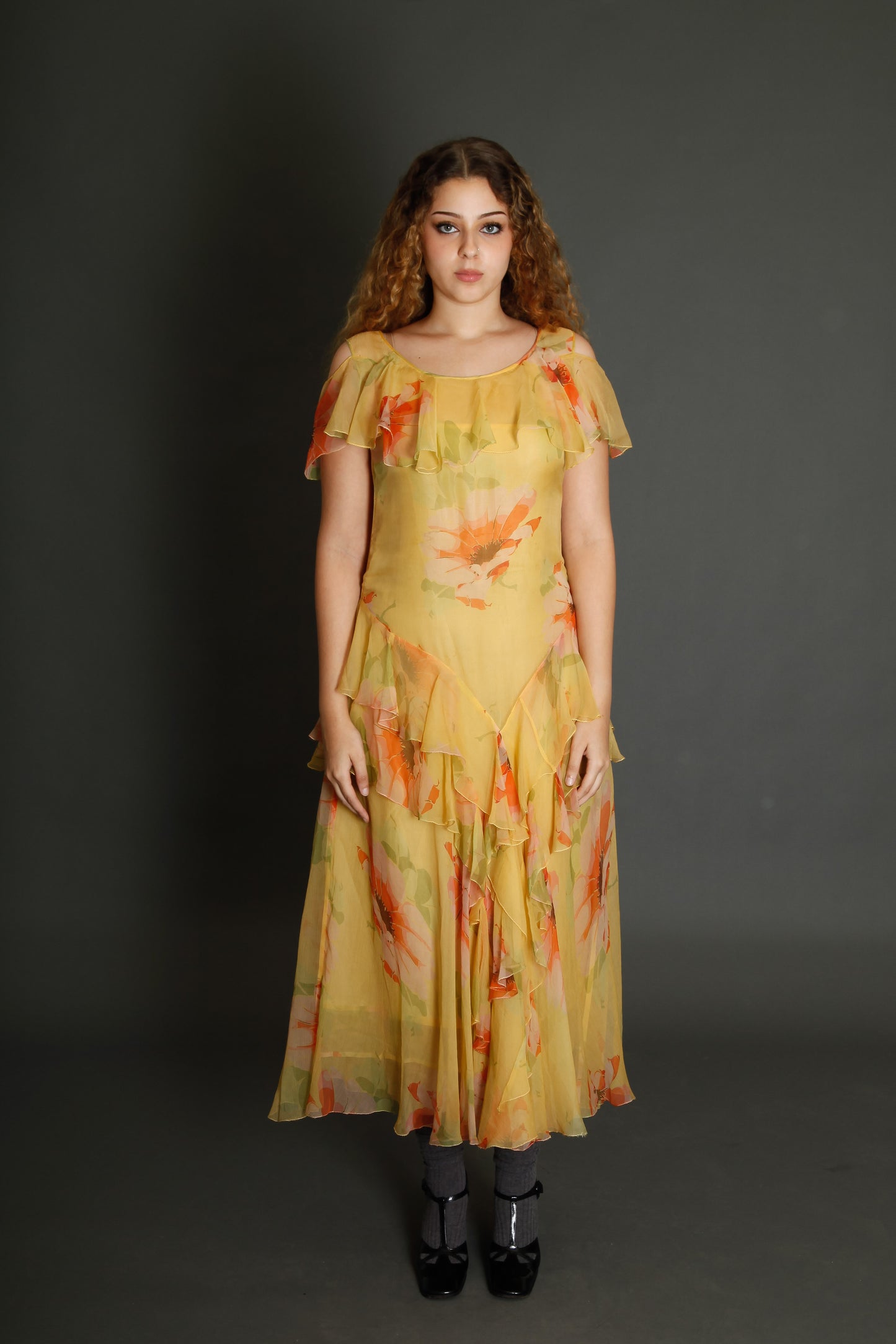 30s Floral Silk Chiffon Ruffle Dress