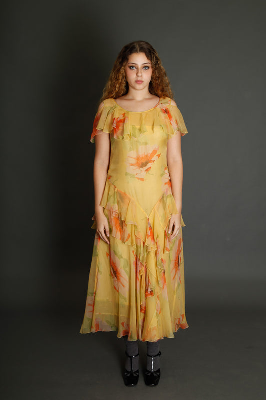 30s Floral Silk Chiffon Ruffle Dress