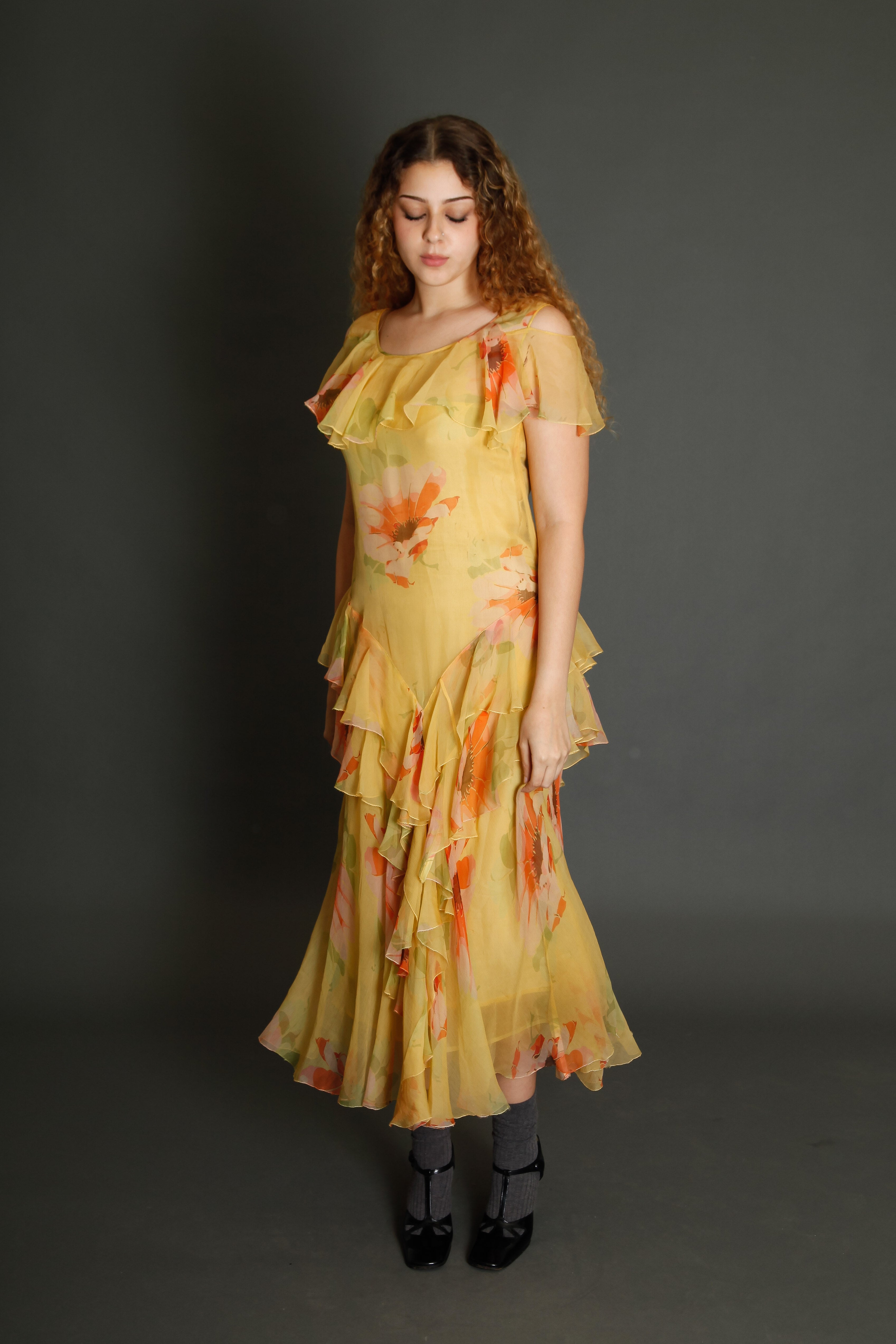 30s Floral Silk Chiffon Ruffle Dress