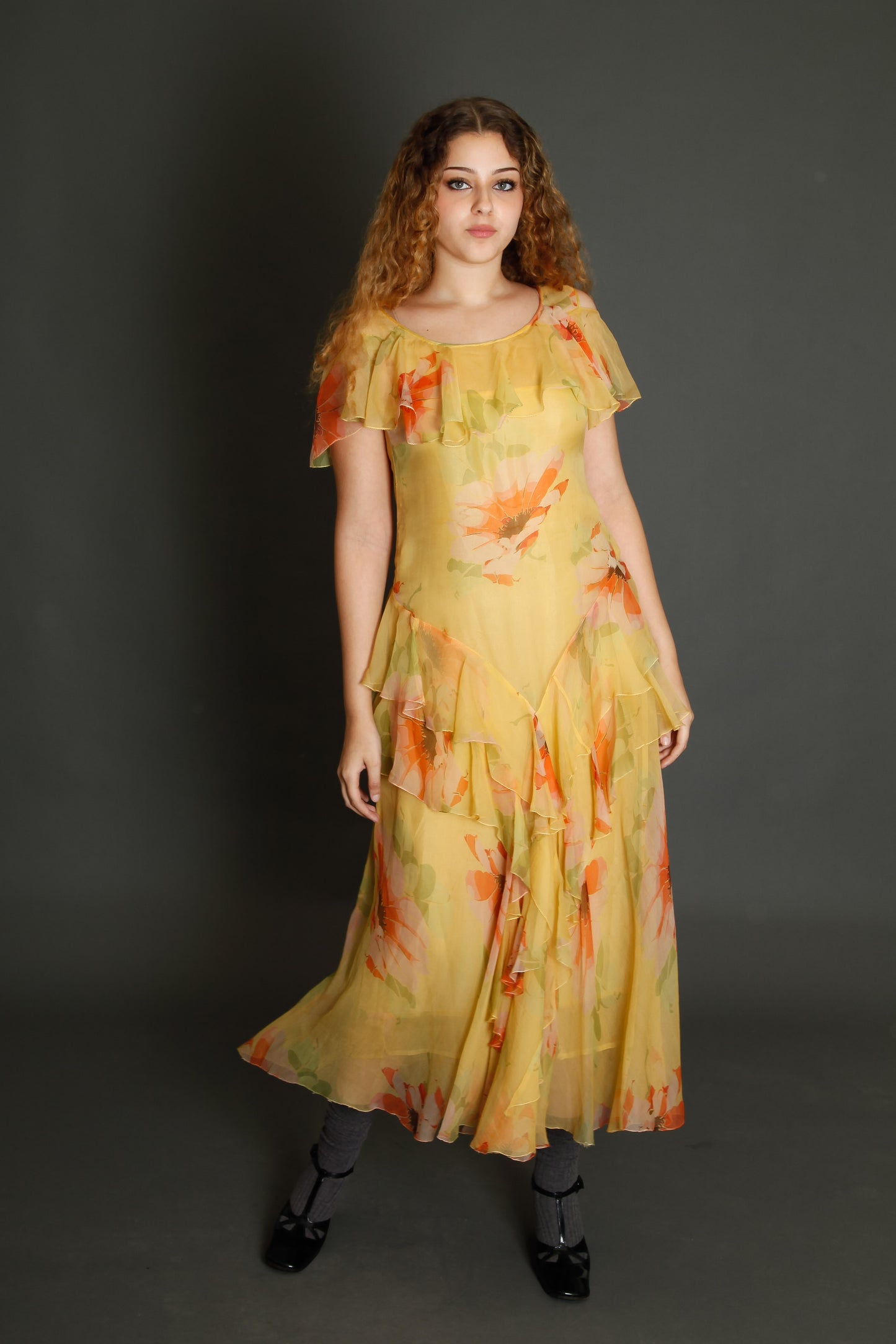 30s Floral Silk Chiffon Ruffle Dress