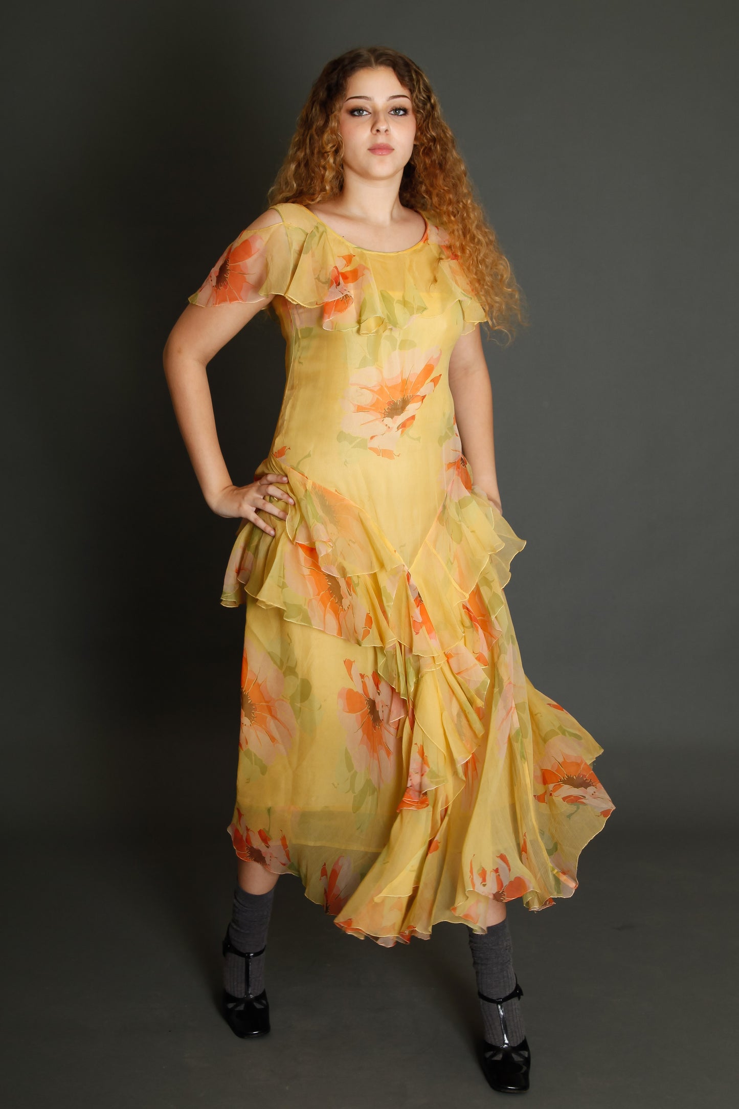 30s Floral Silk Chiffon Ruffle Dress
