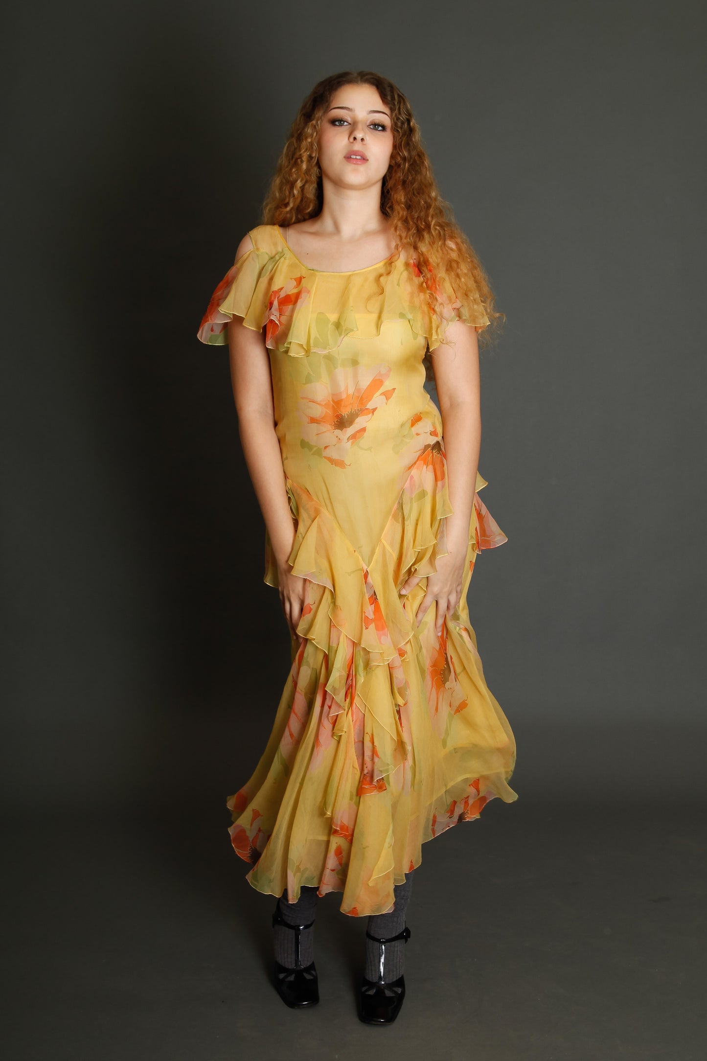 30s Floral Silk Chiffon Ruffle Dress