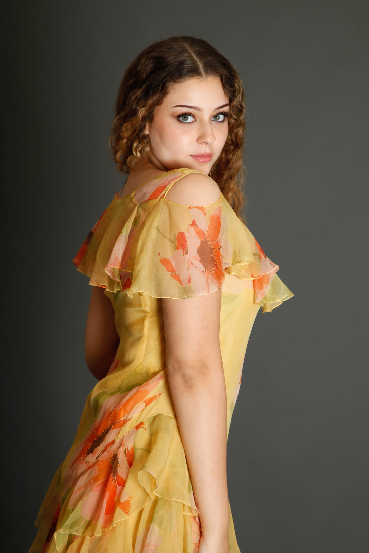 30s Floral Silk Chiffon Ruffle Dress