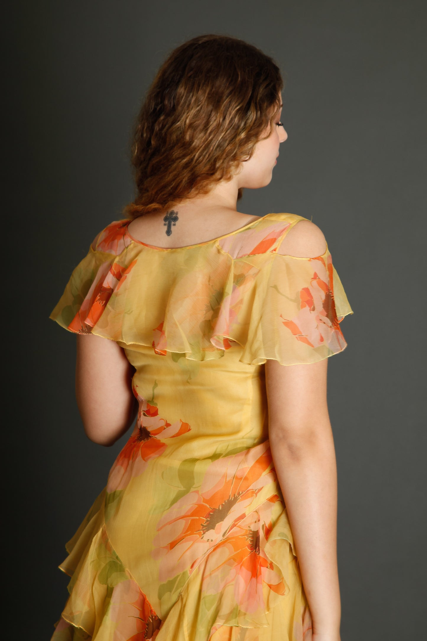 30s Floral Silk Chiffon Ruffle Dress