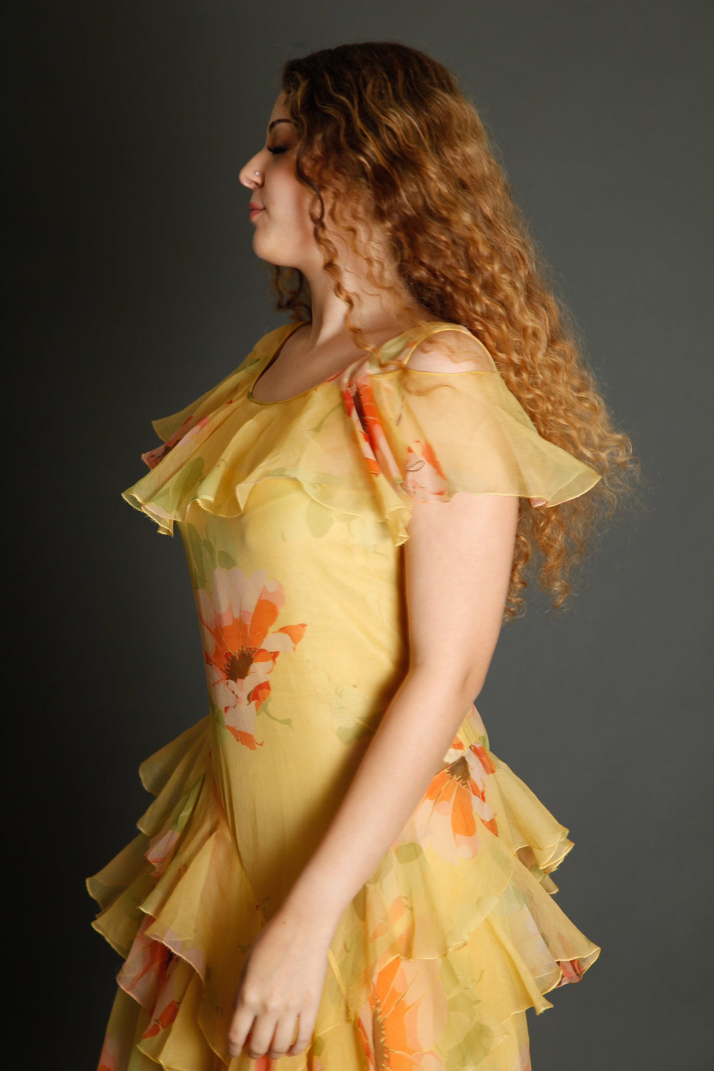 30s Floral Silk Chiffon Ruffle Dress