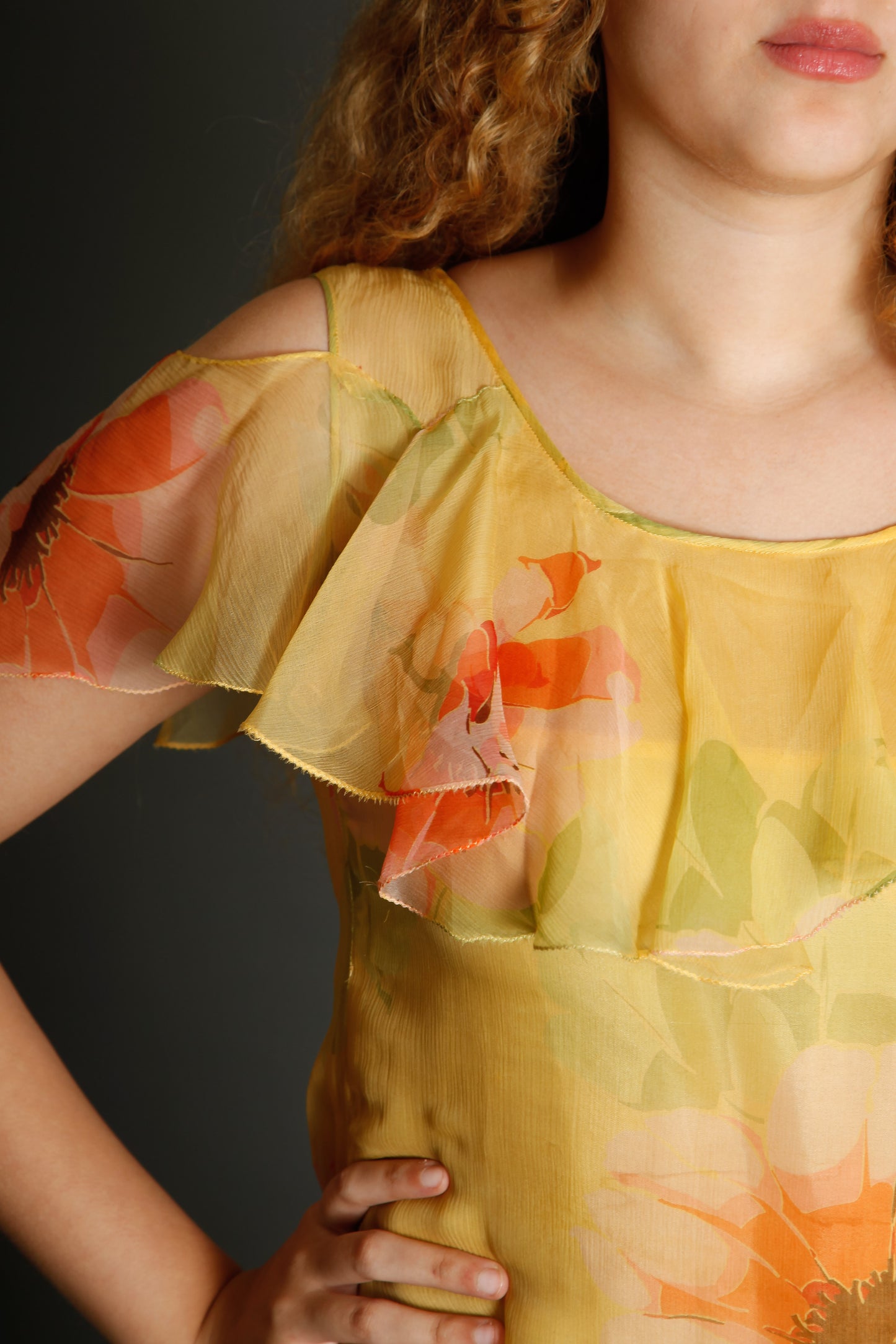 30s Floral Silk Chiffon Ruffle Dress