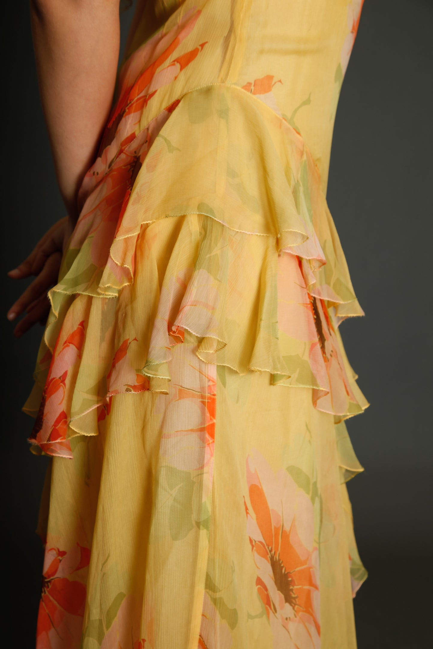 30s Floral Silk Chiffon Ruffle Dress