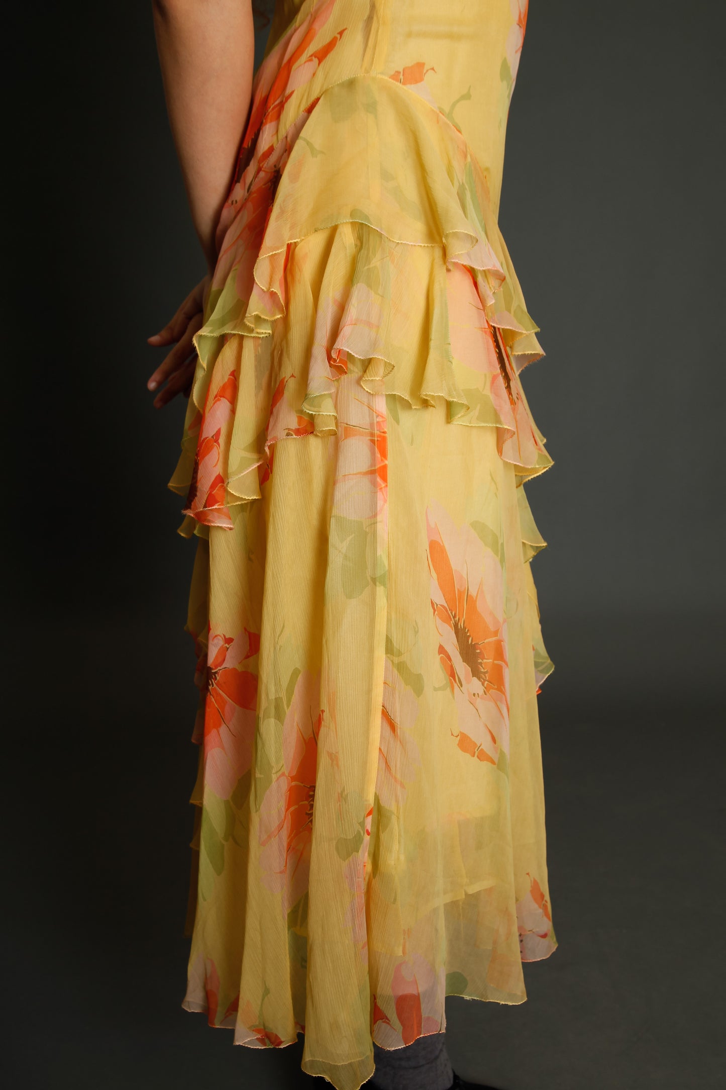 30s Floral Silk Chiffon Ruffle Dress