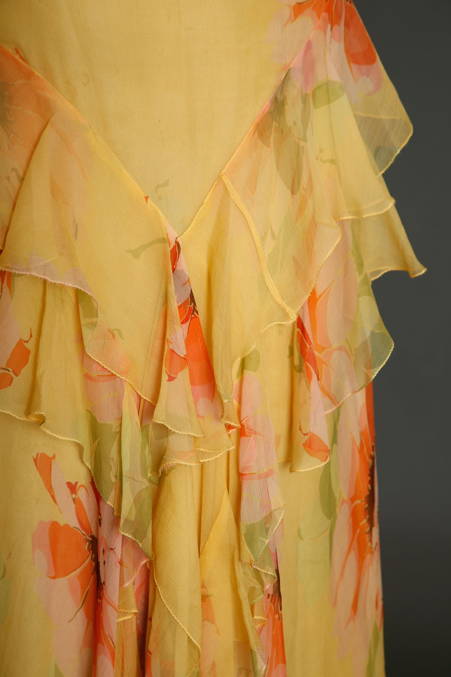 30s Floral Silk Chiffon Ruffle Dress