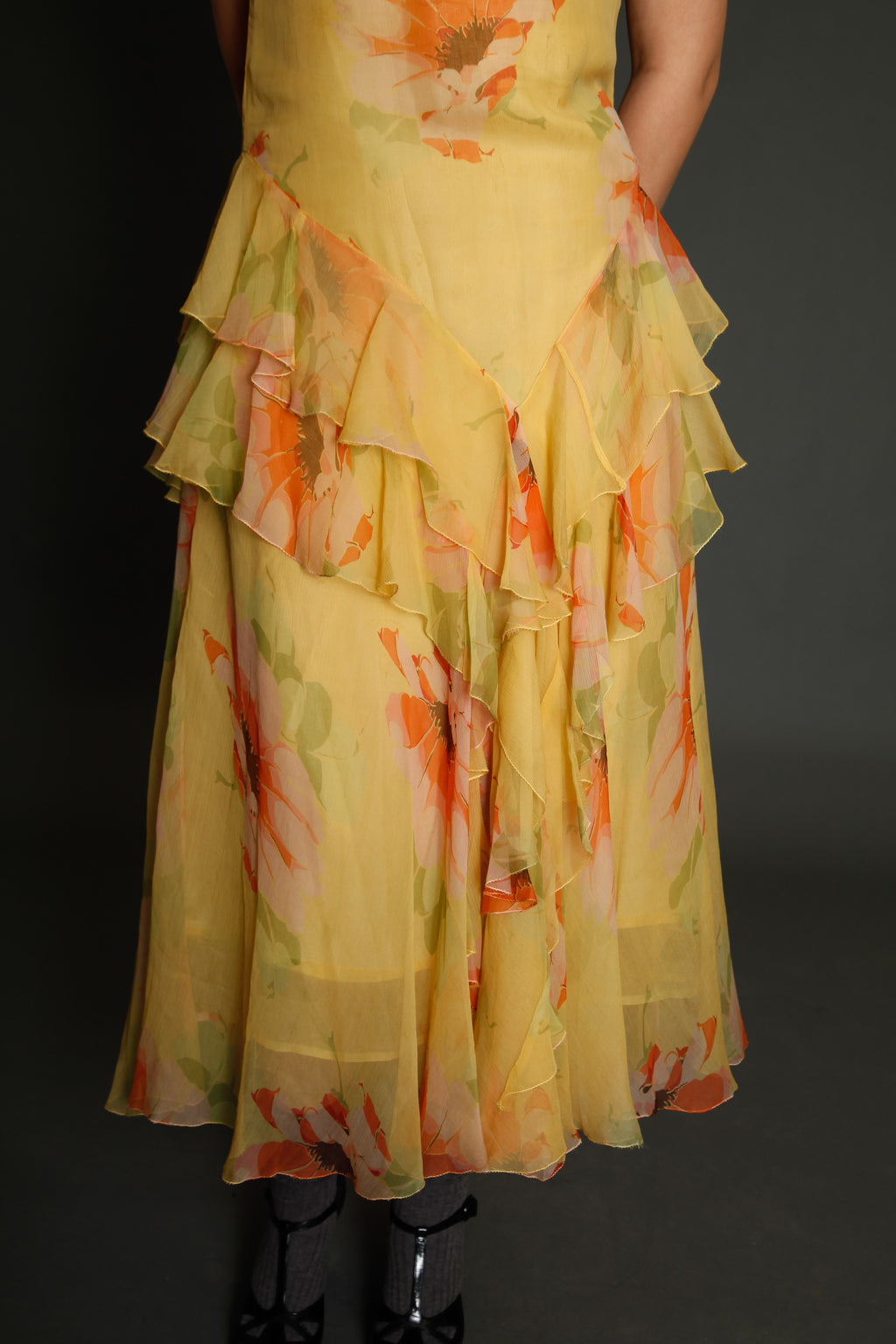 30s Floral Silk Chiffon Ruffle Dress