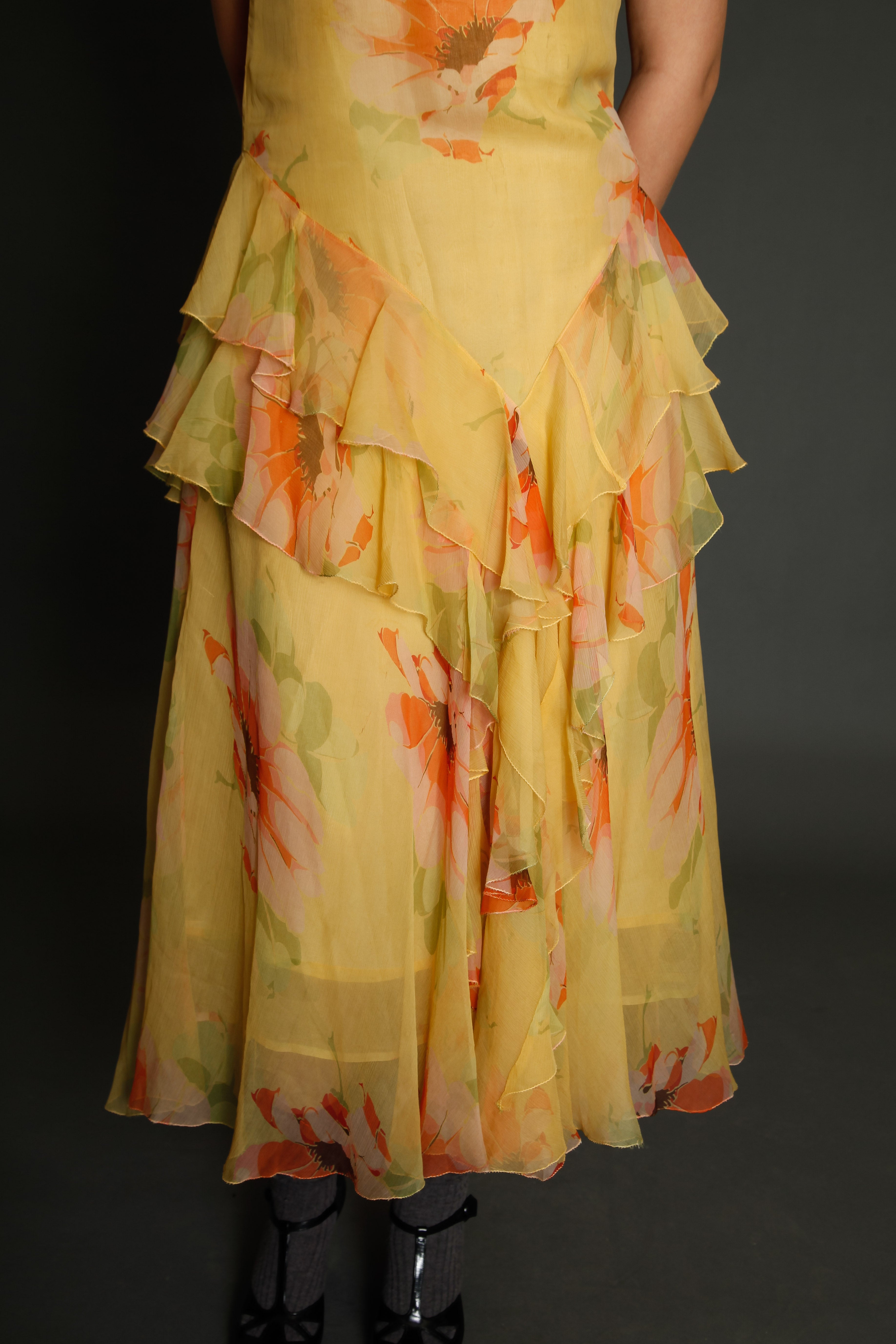 30s Floral Silk Chiffon Ruffle Dress