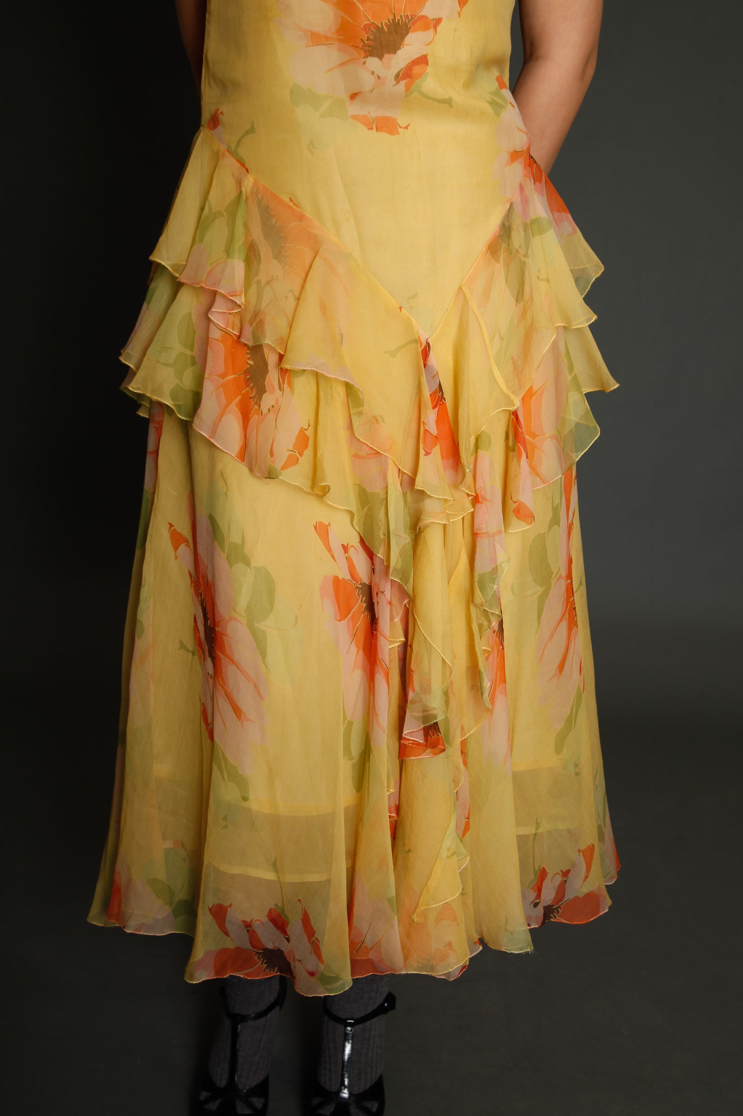 30s Floral Silk Chiffon Ruffle Dress