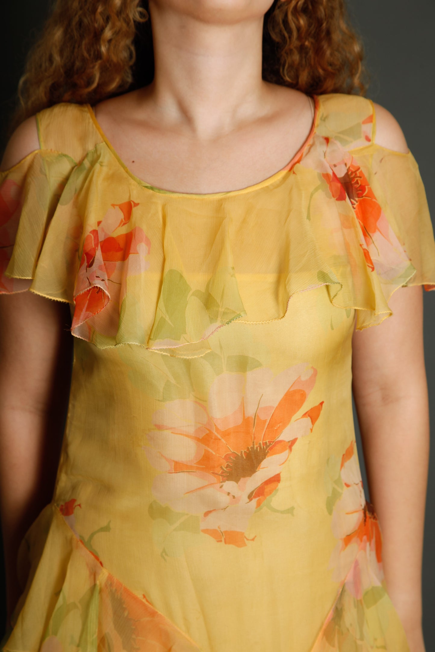 30s Floral Silk Chiffon Ruffle Dress