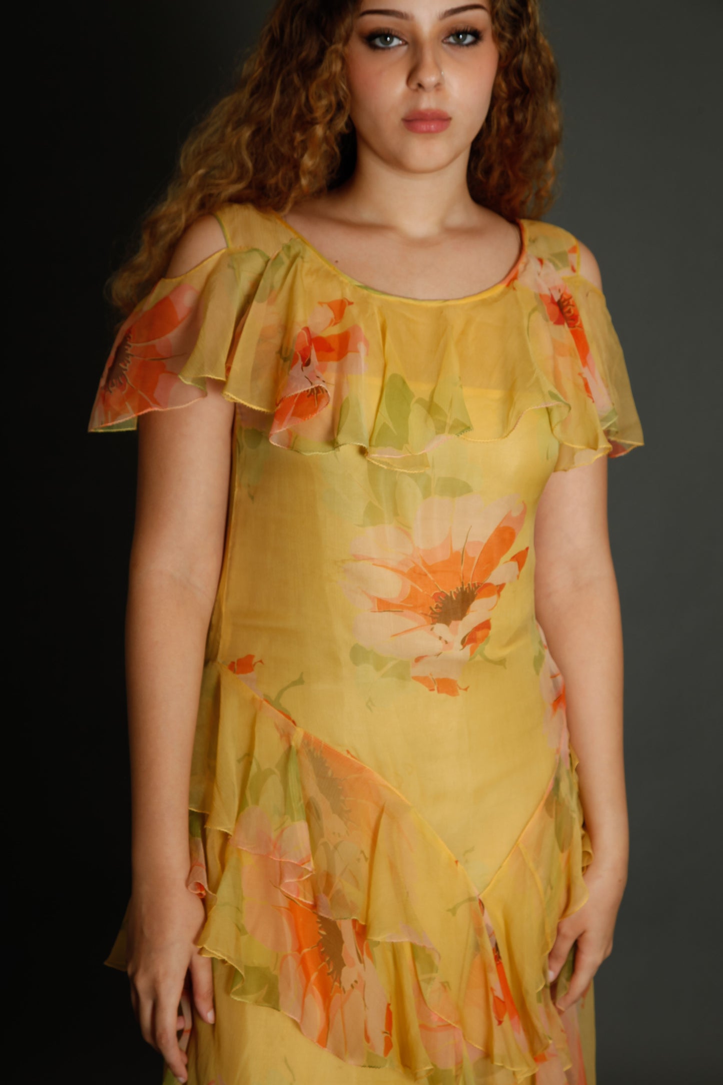 30s Floral Silk Chiffon Ruffle Dress