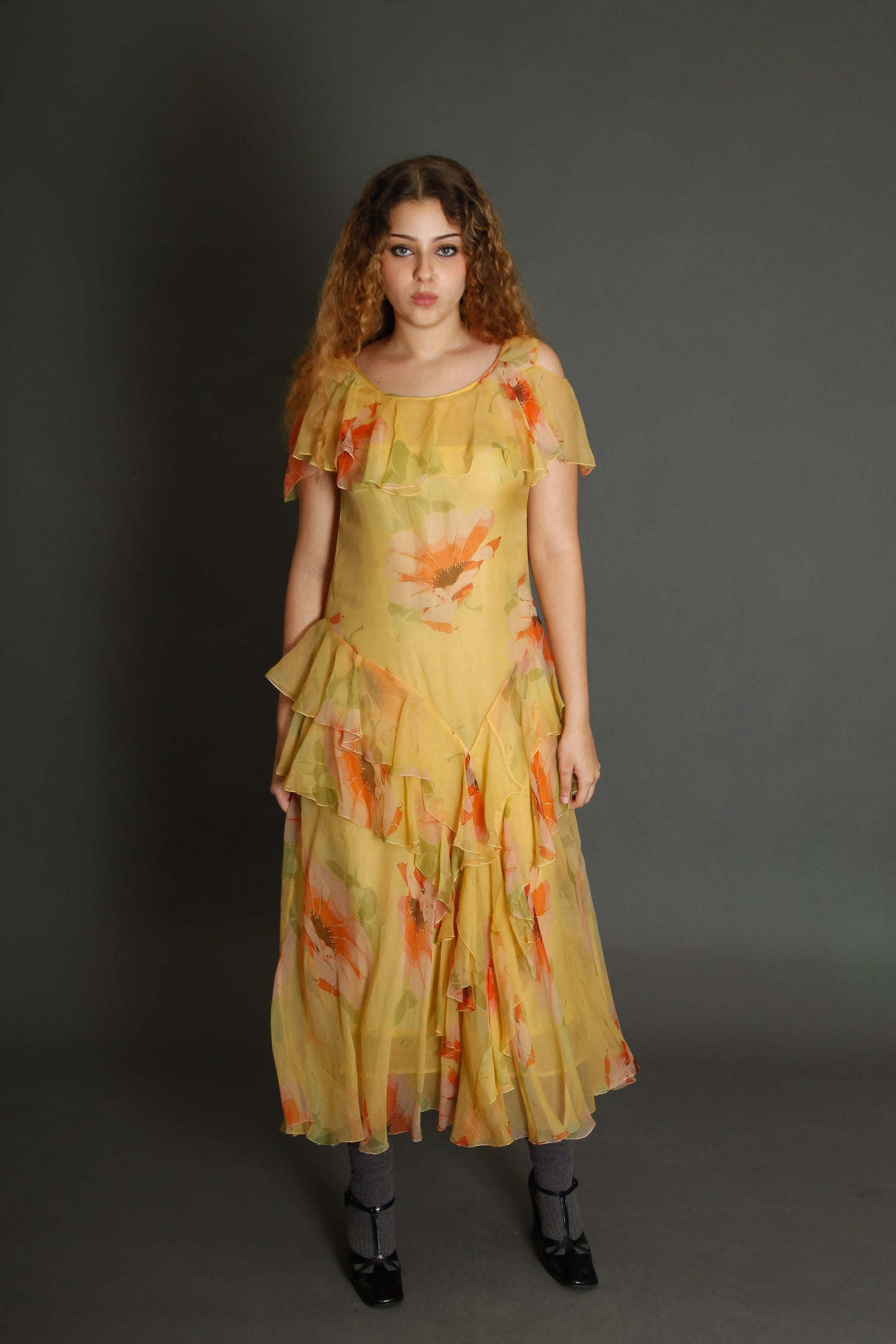 30s Floral Silk Chiffon Ruffle Dress