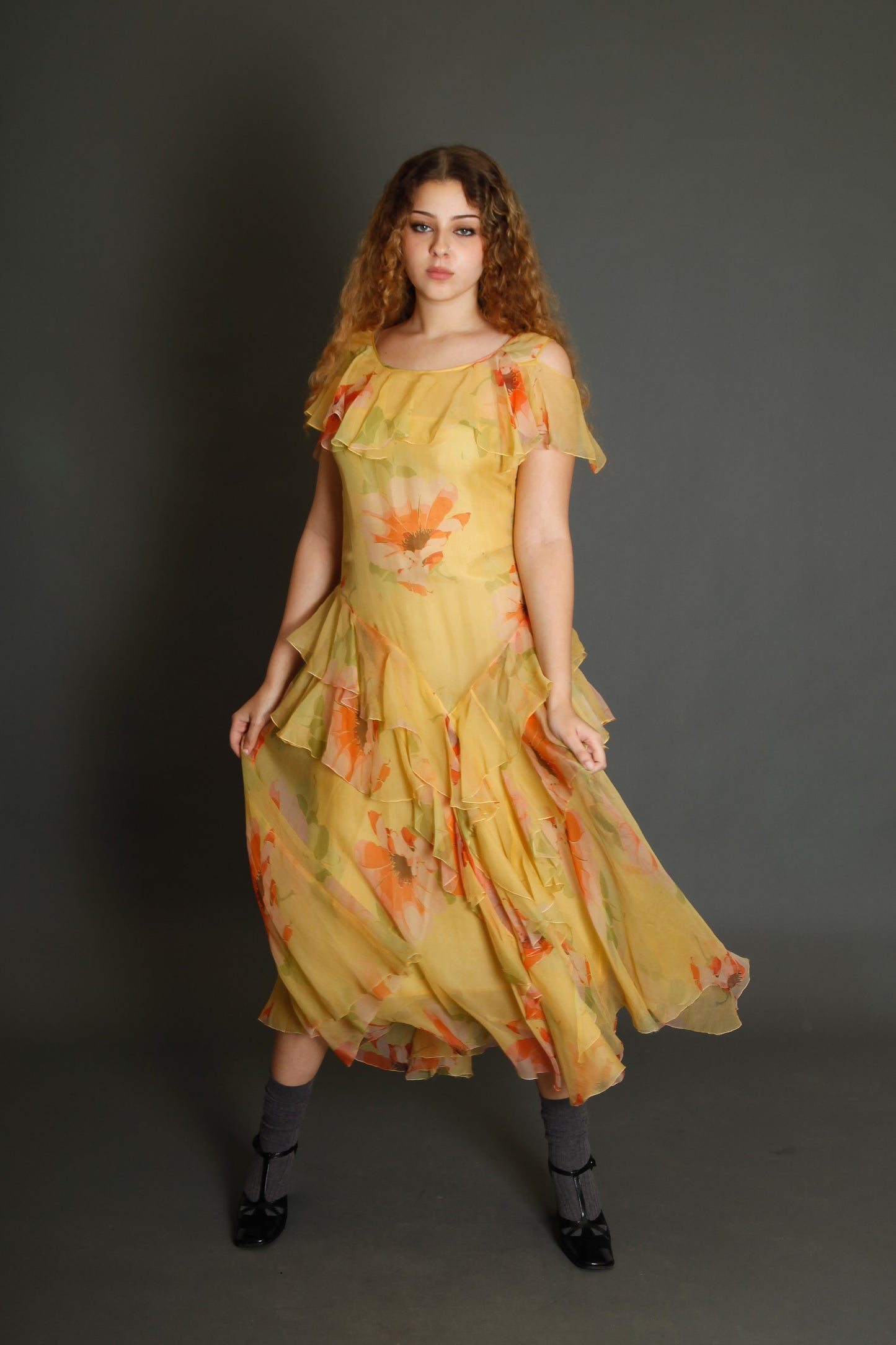 30s Floral Silk Chiffon Ruffle Dress