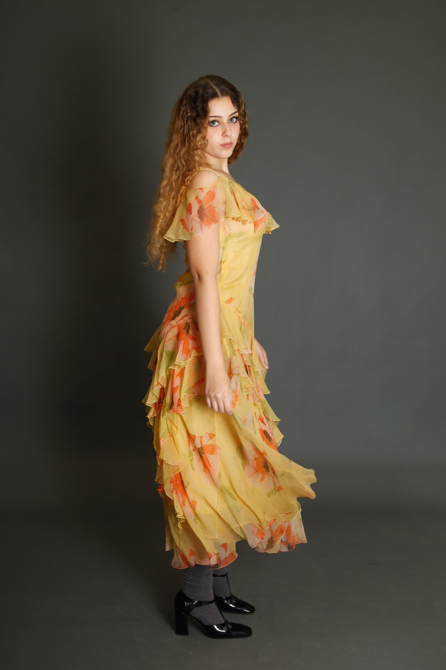 30s Floral Silk Chiffon Ruffle Dress