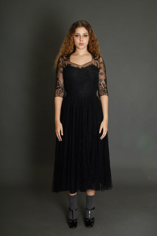 1950 Black Net Dress with Floral Details