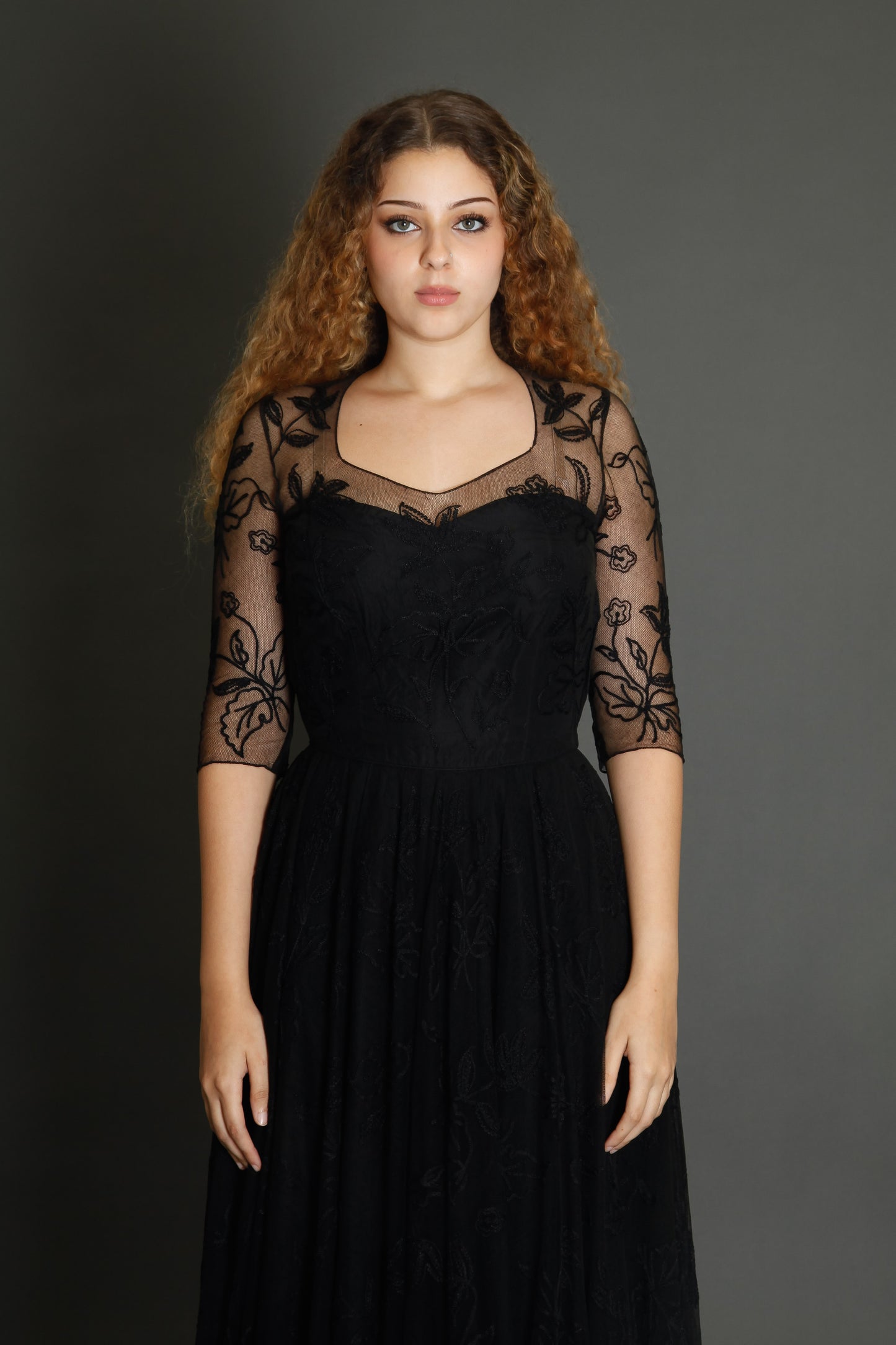 1950 Black Net Dress with Floral Details