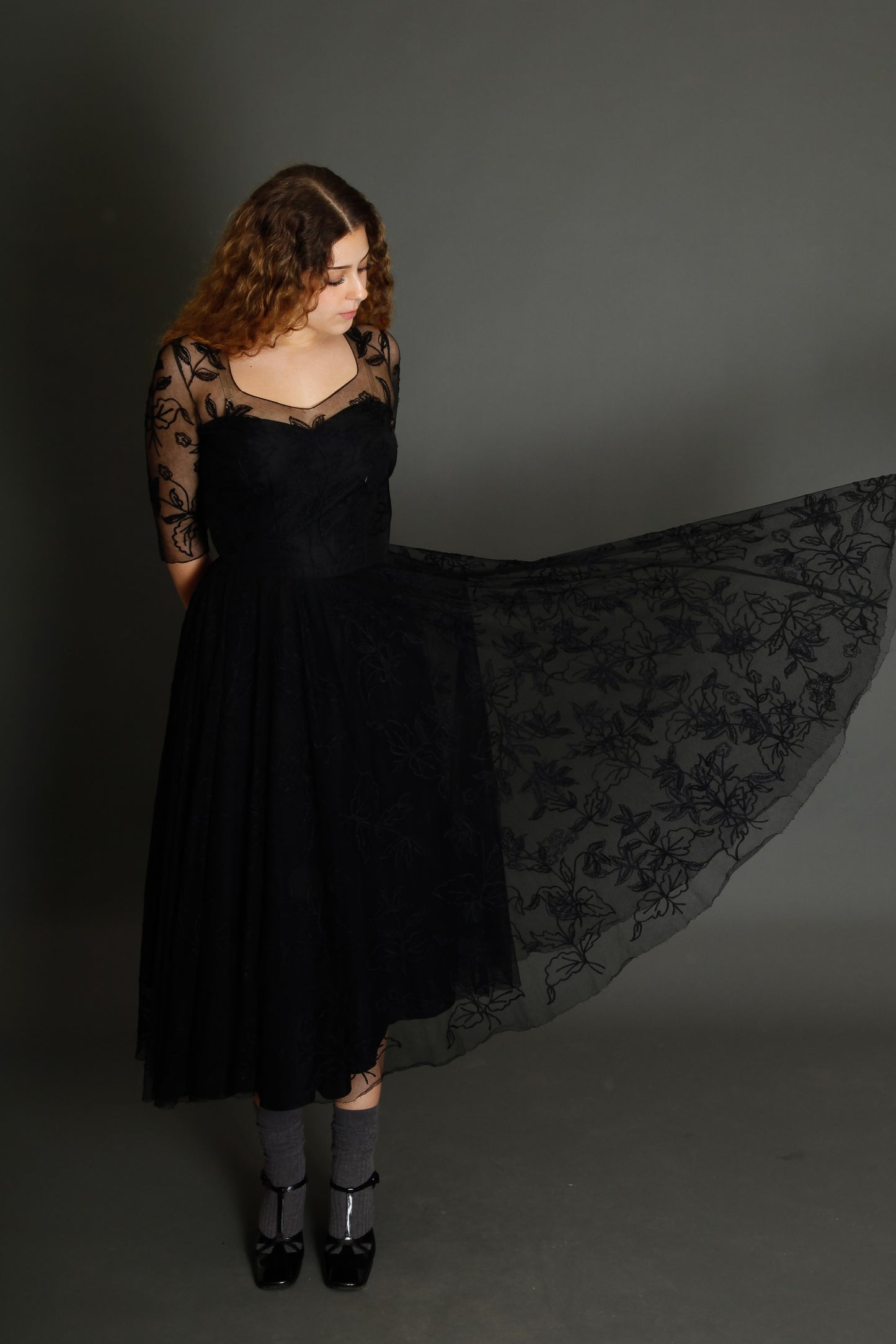 1950 Black Net Dress with Floral Details