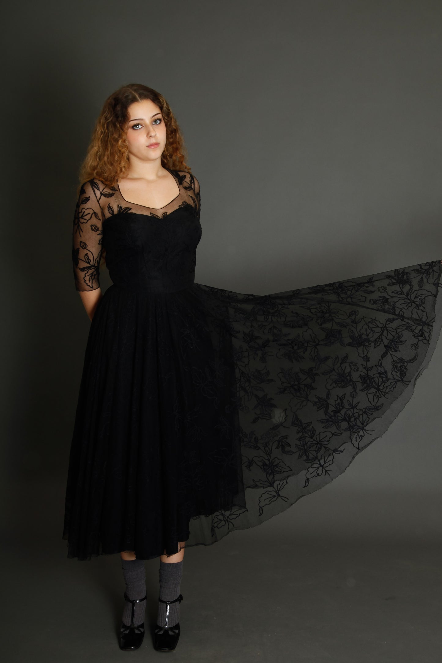 1950 Black Net Dress with Floral Details