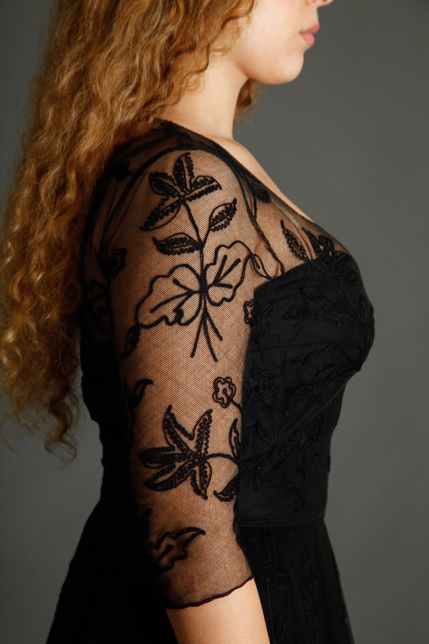 1950 Black Net Dress with Floral Details