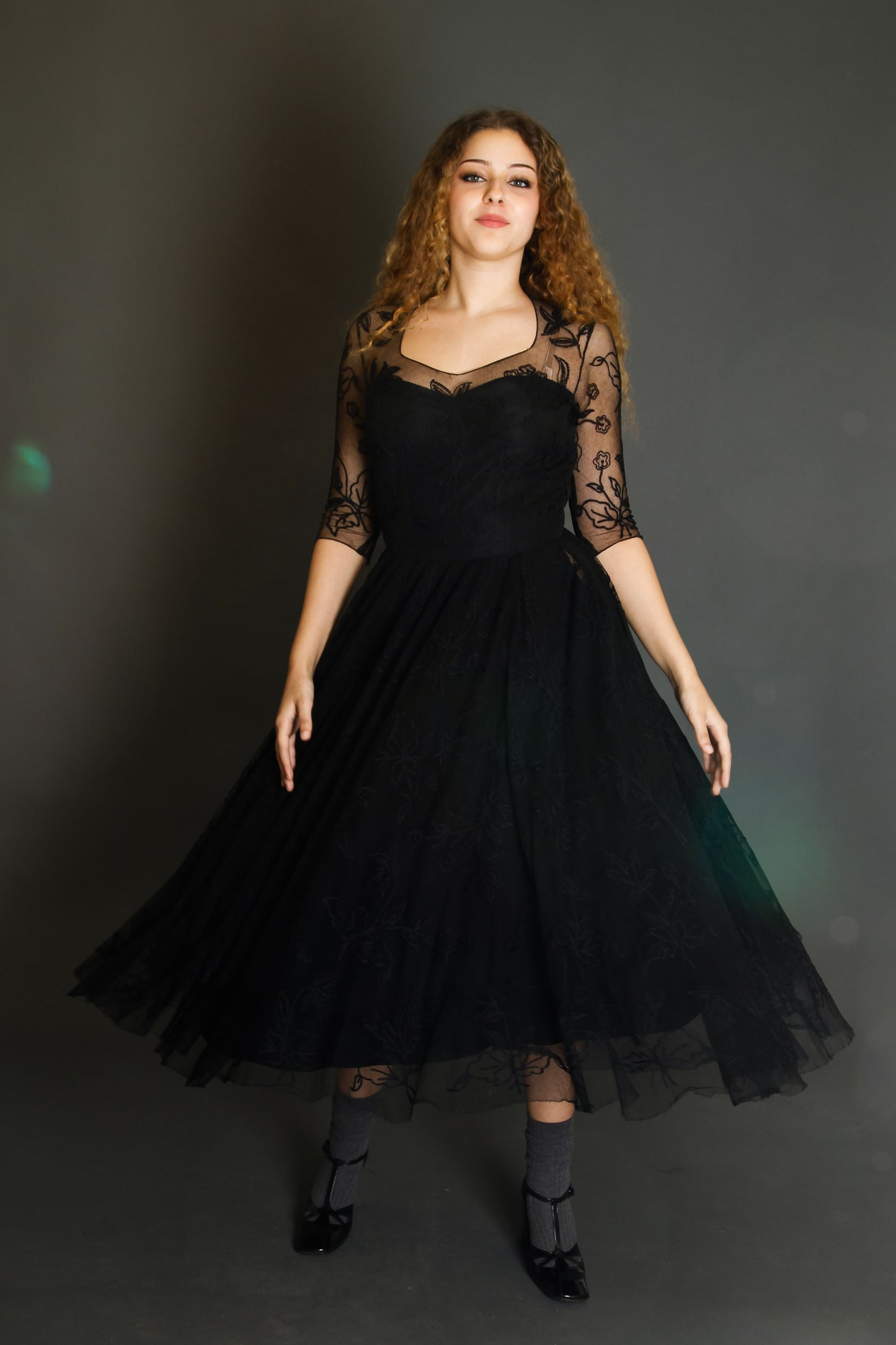 1950 Black Net Dress with Floral Details