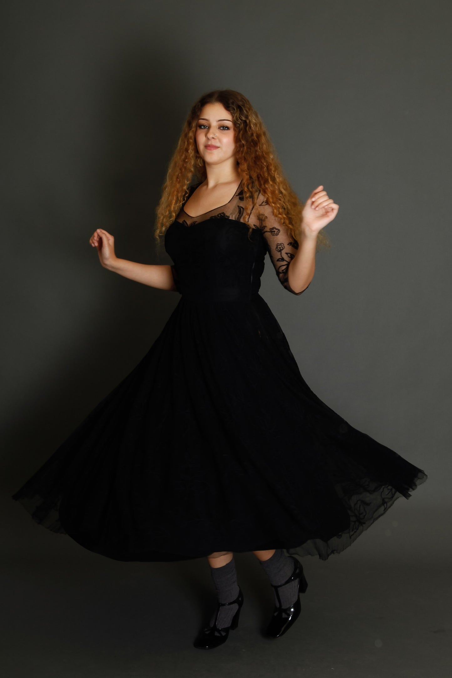 1950 Black Net Dress with Floral Details