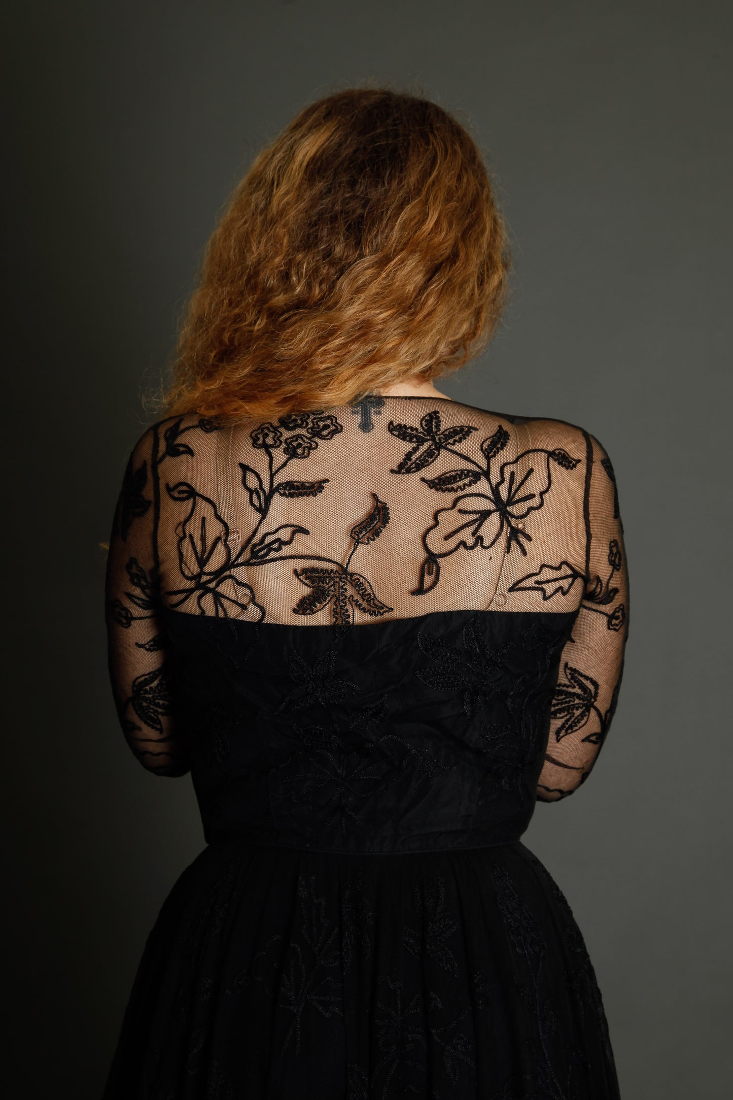 1950 Black Net Dress with Floral Details